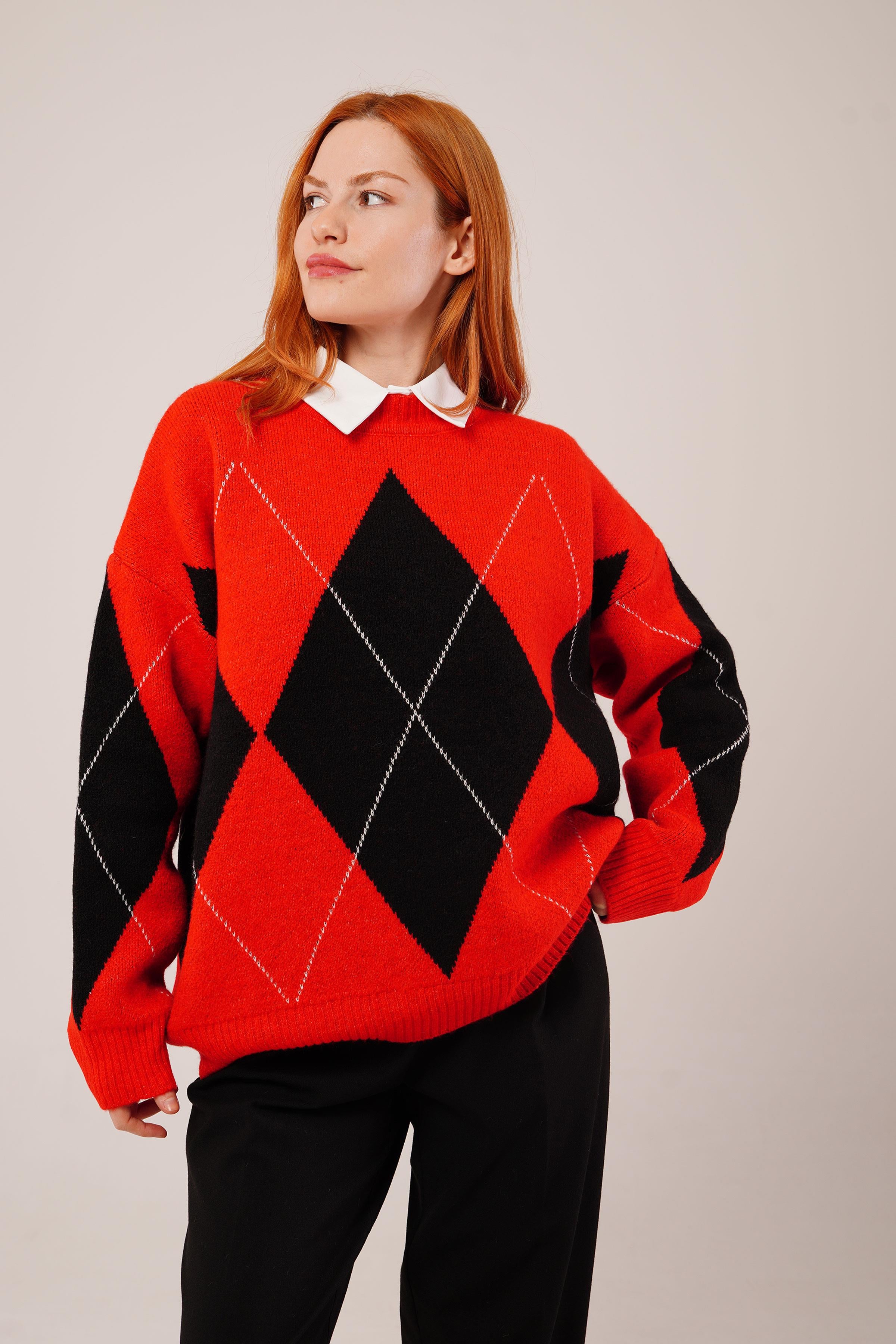 Büyük Baklava Desen Toptan Kırmızı Triko Kazak