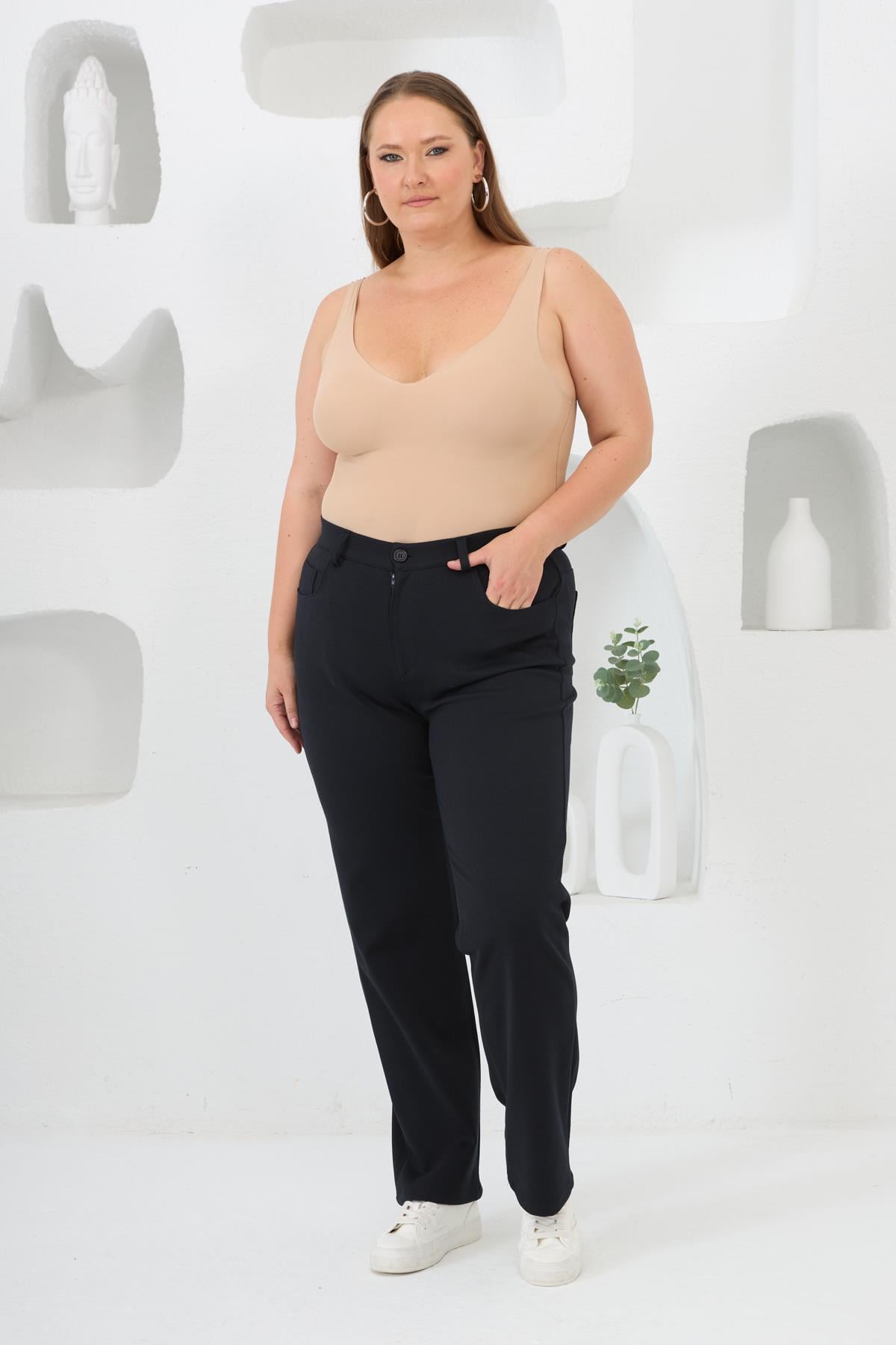Plus Size Wide Leg Steel Knit Trousers Navy