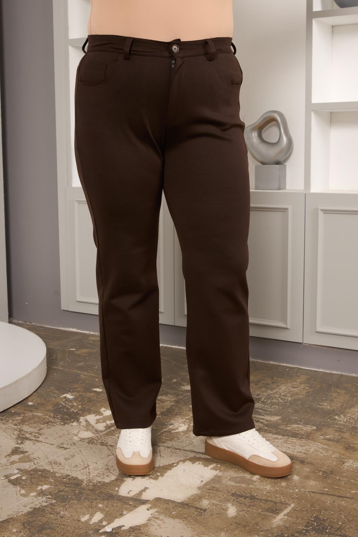 Büyük Beden Boru Paça Çelik Örme Pantolon Kahve