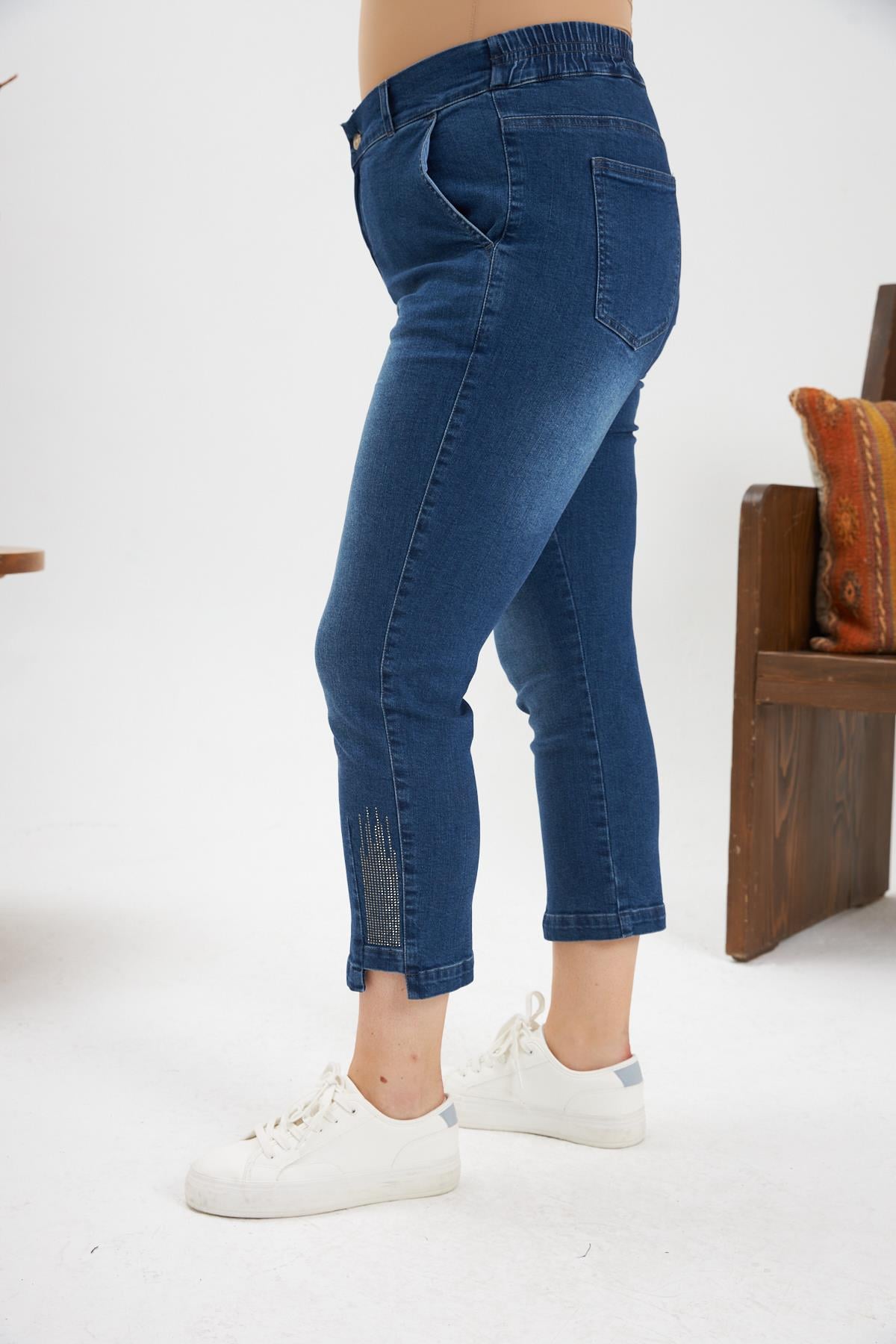 Büyük Beden Taş Detay Denim Pantolon Kim. Mavi