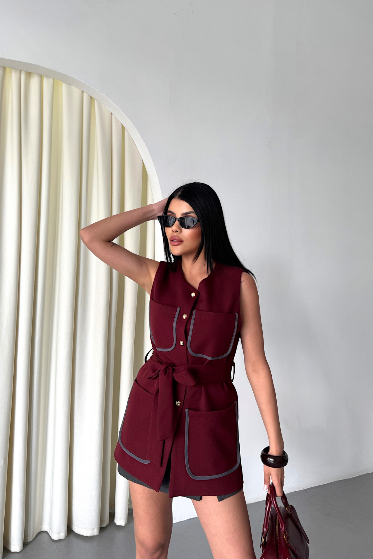 BÜYÜK CEP BİYE DETAYLI  YELEK - Bordo