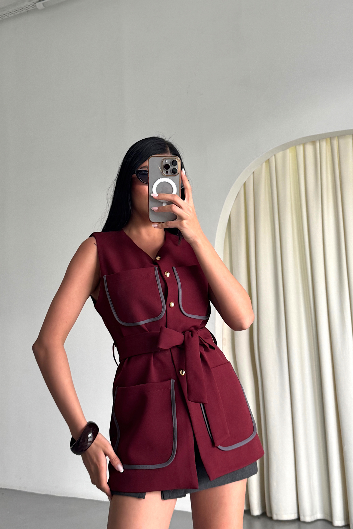 BÜYÜK CEP BİYE DETAYLI  YELEK - Bordo