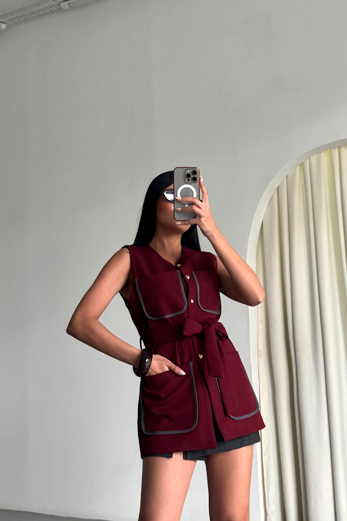 BÜYÜK CEP BİYE DETAYLI  YELEK - Bordo