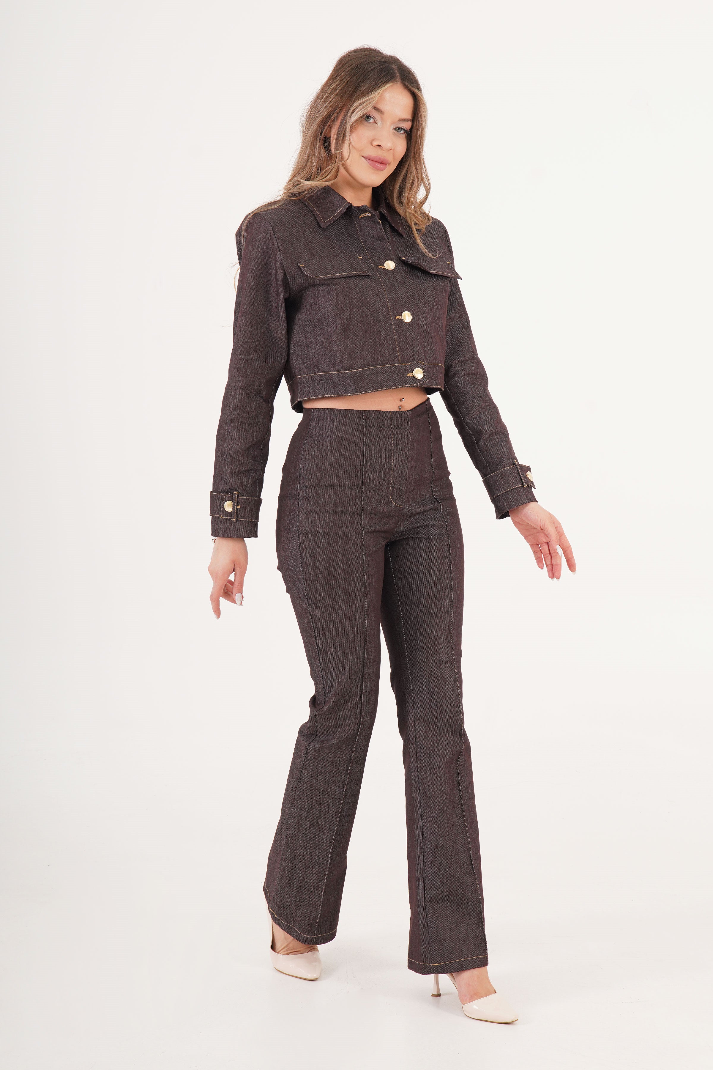 Gold Düğmeli Ceket Pantolon Kahve Denim Takım Kahverengi S