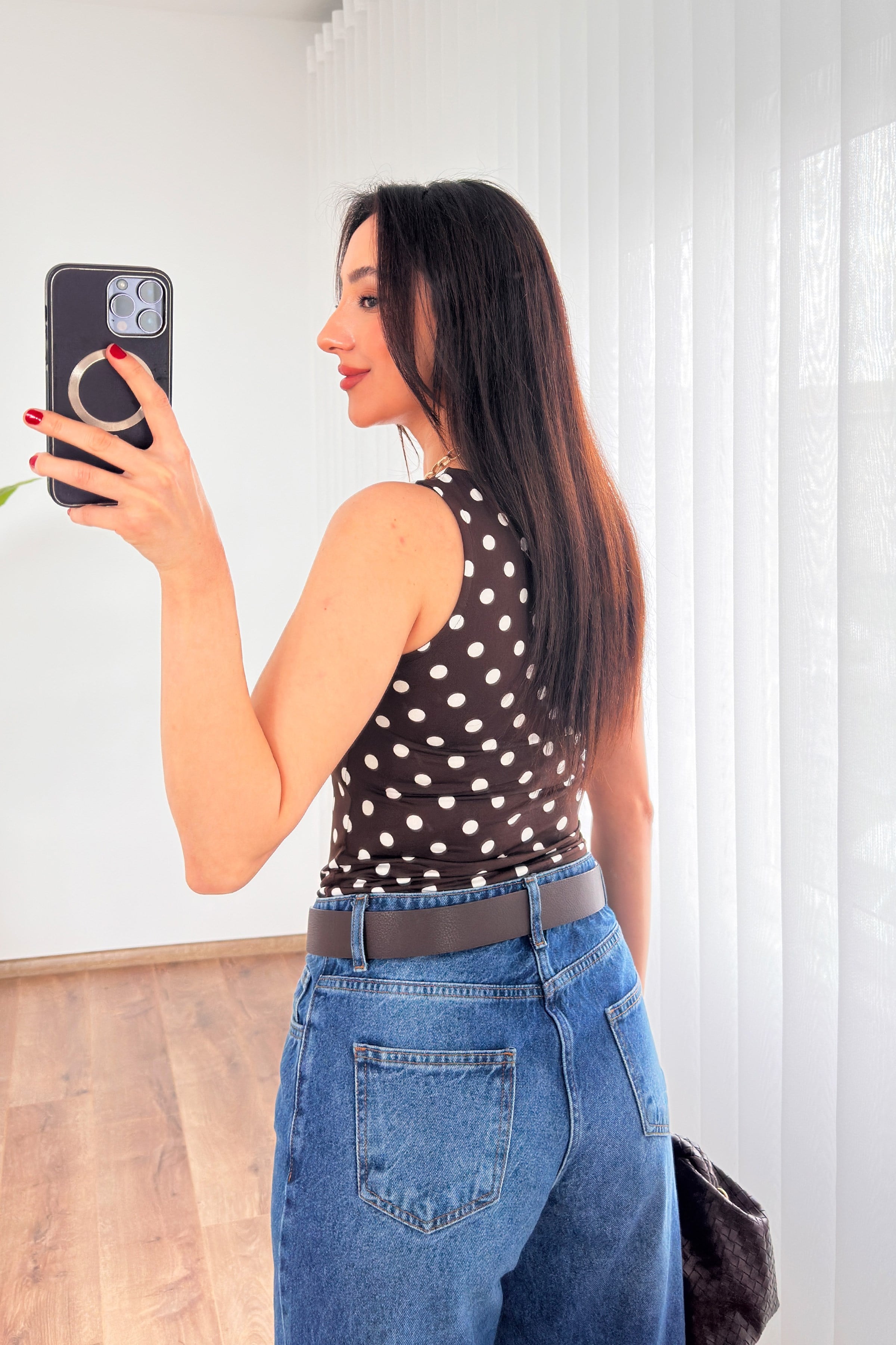 Puantiyeli Bisiklet Yaka Toptan Kahve Atlet Bluz