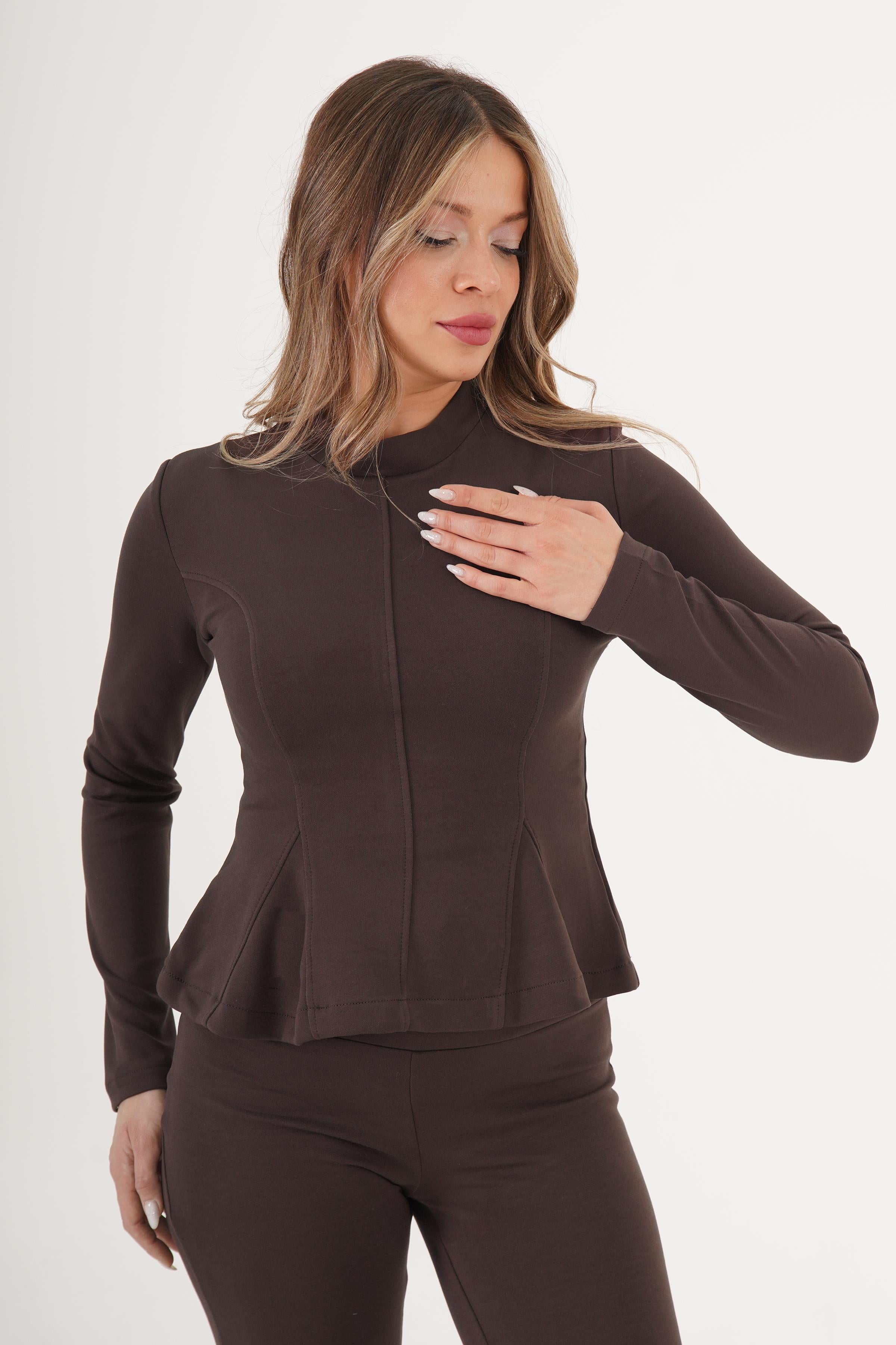 Belden Oturtmalı Dik Yaka Esnek Toptan Kahve  Bluz Kahverengi S