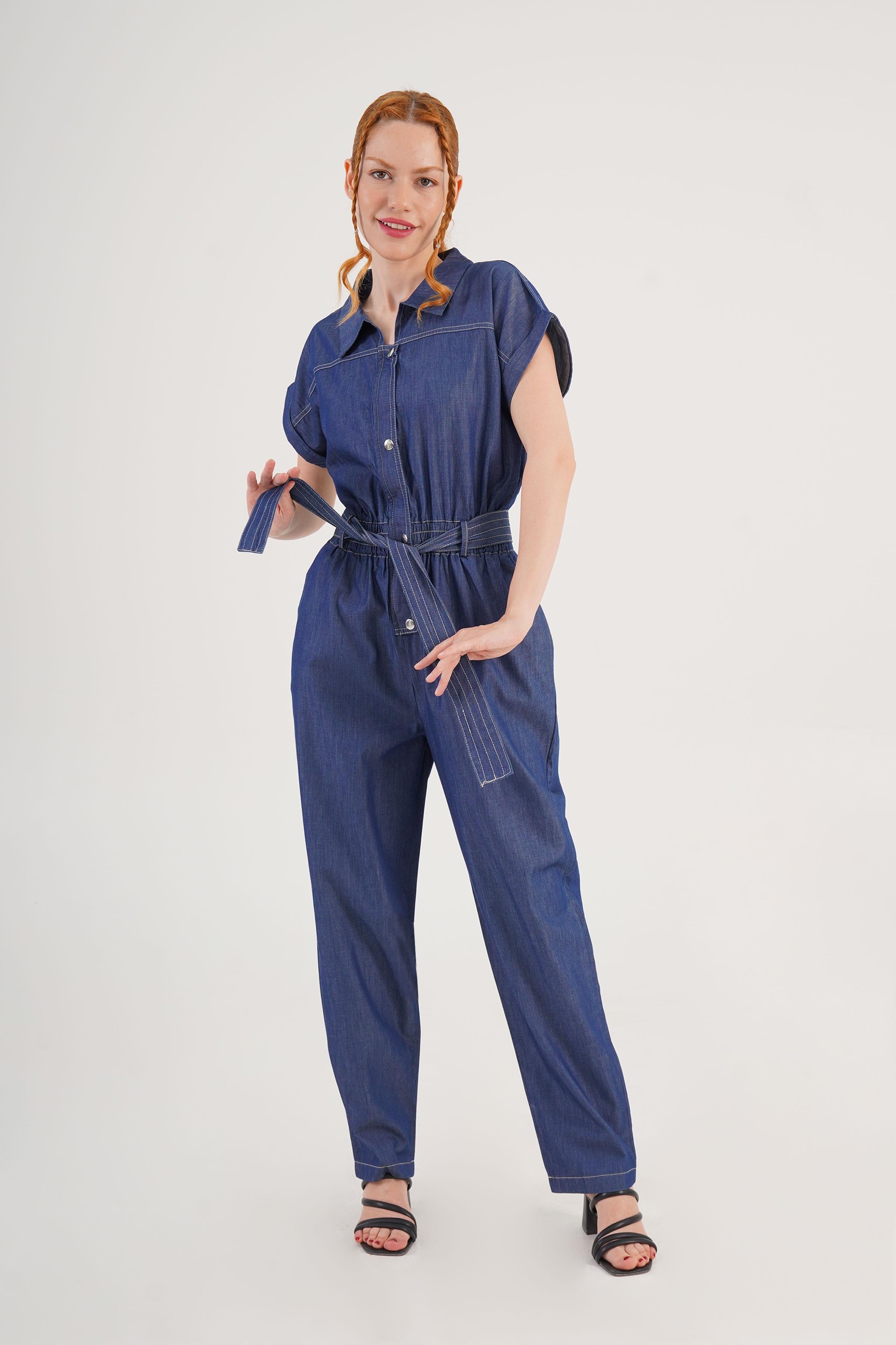 Kısa Kol Kuşaklı Kot Toptan Denim Tulum