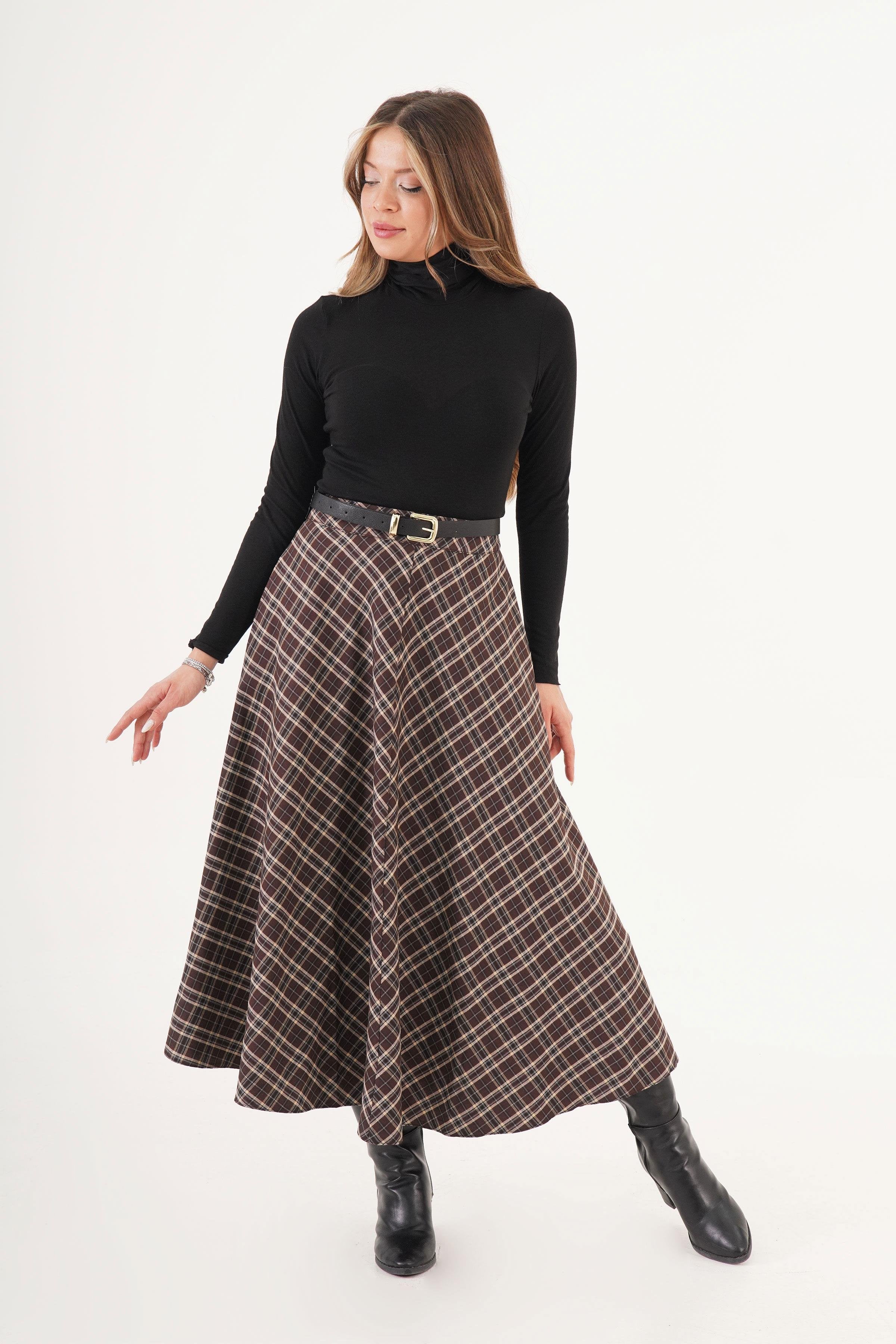 Volan Kesim Kahve Ekose Uzun Toptan Etek