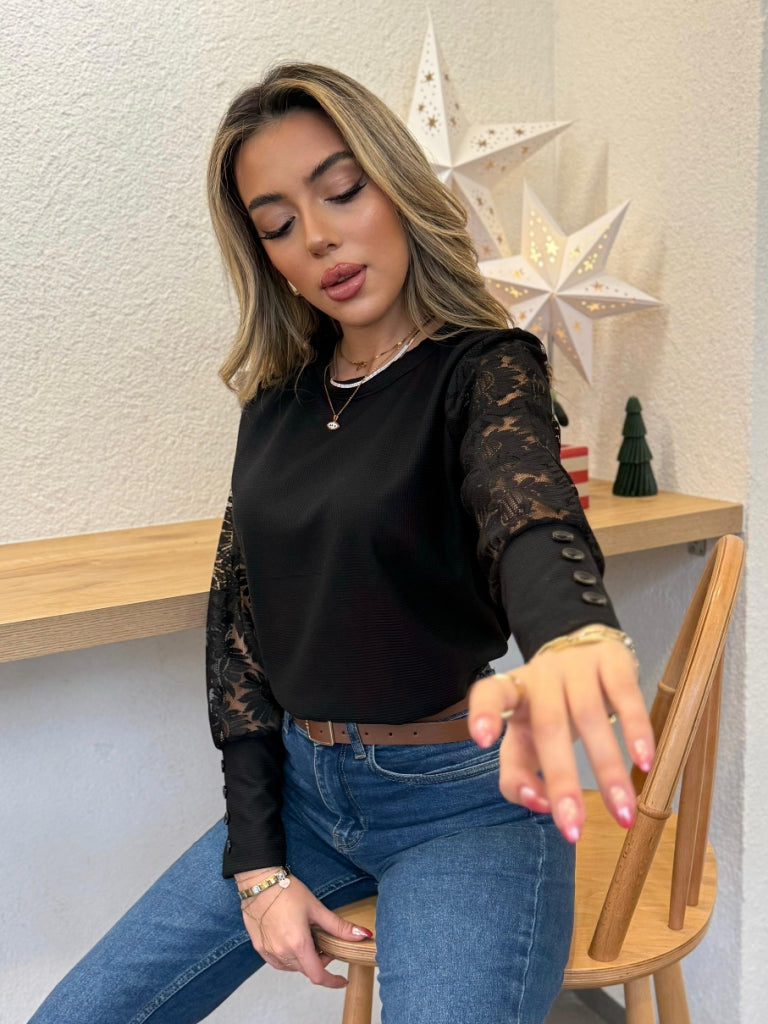 Kadın Uzun Kollu Bisiklet Yaka Kolları çiçekli Waffle Bluz, 37453