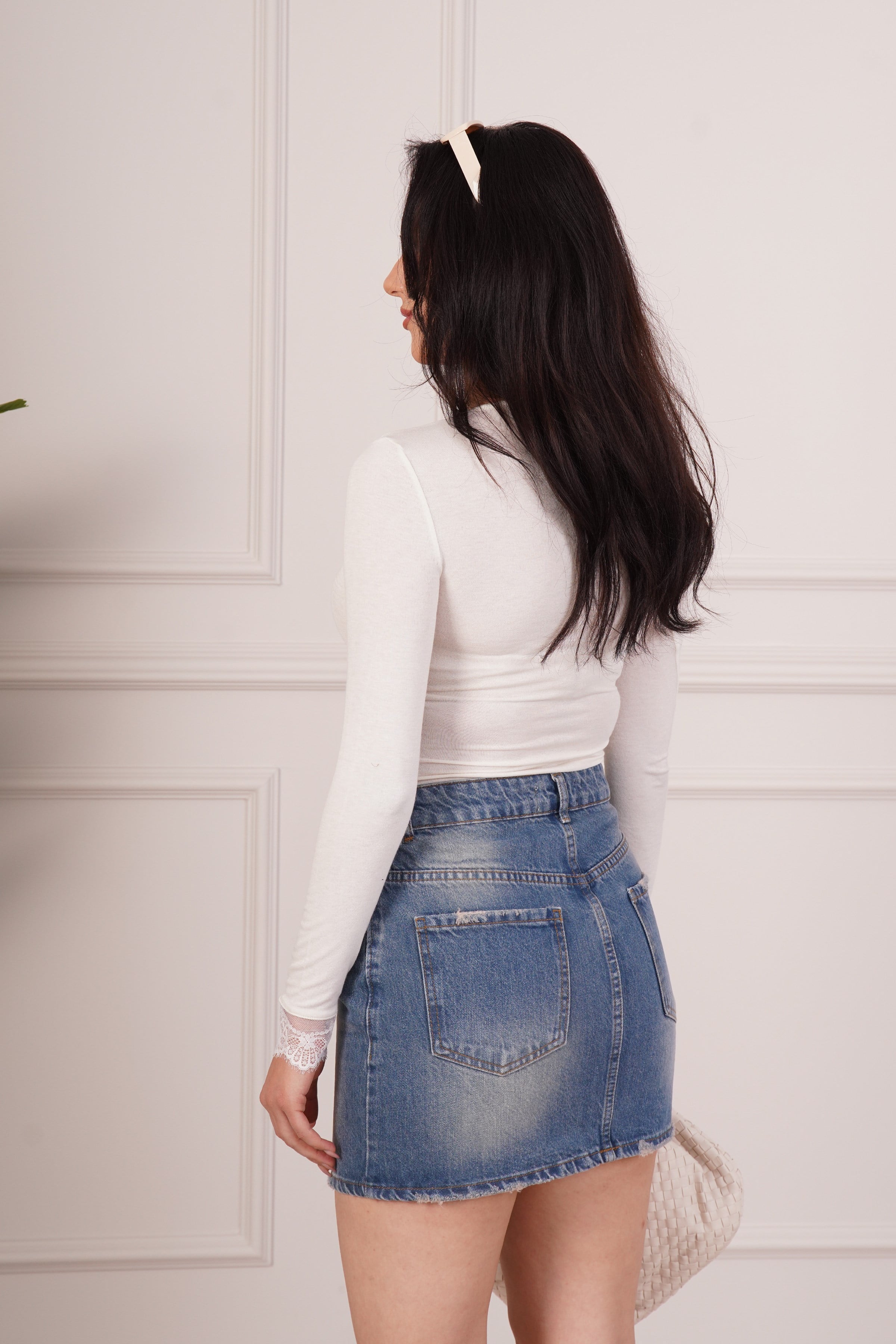 Dantel Detaylı Uzun Kollu Krem Toptan Body Bluz