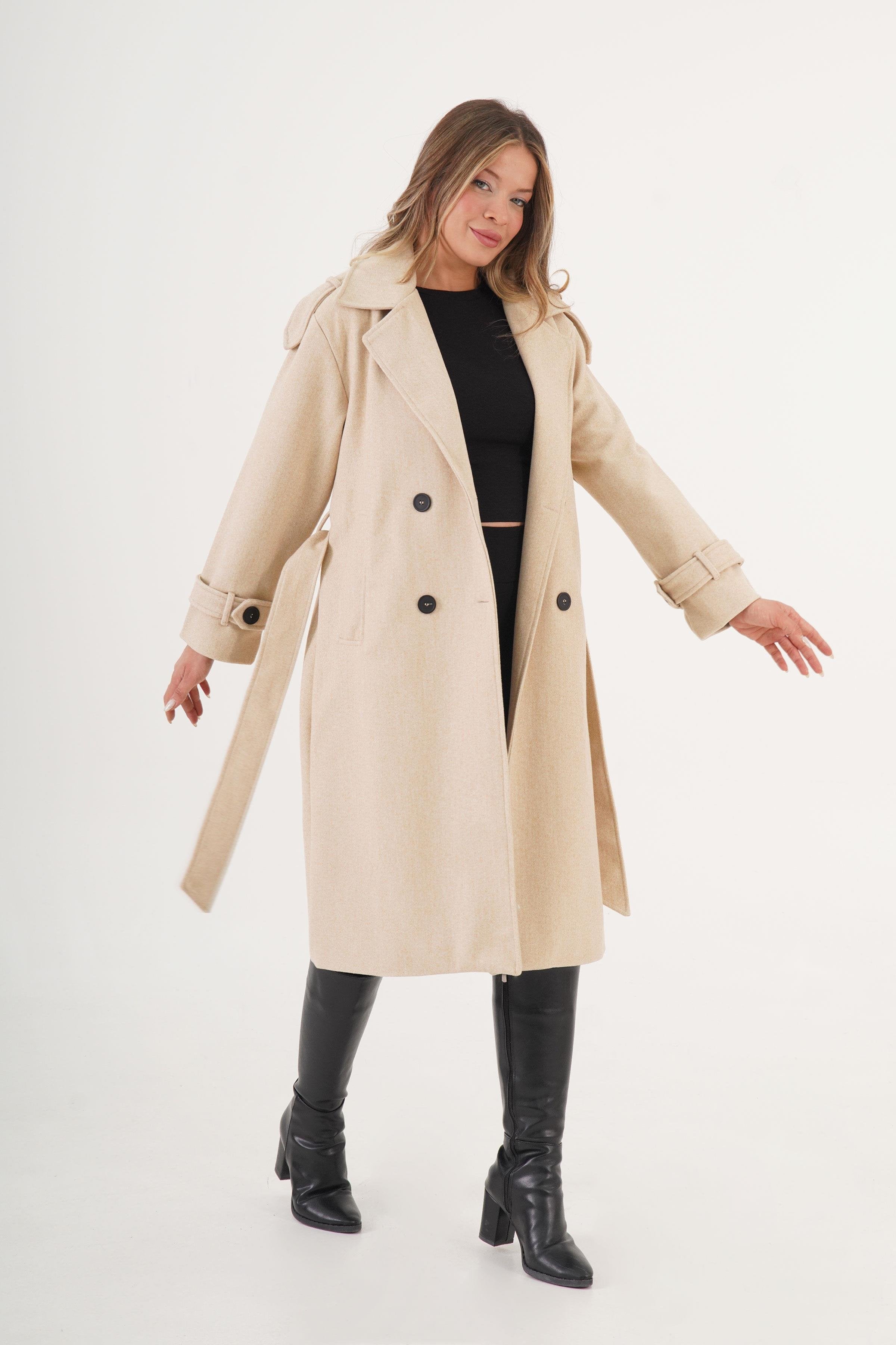 Apolet Detaylı Kuşaklı Toptan Taş Kaşe Kaban Taş S