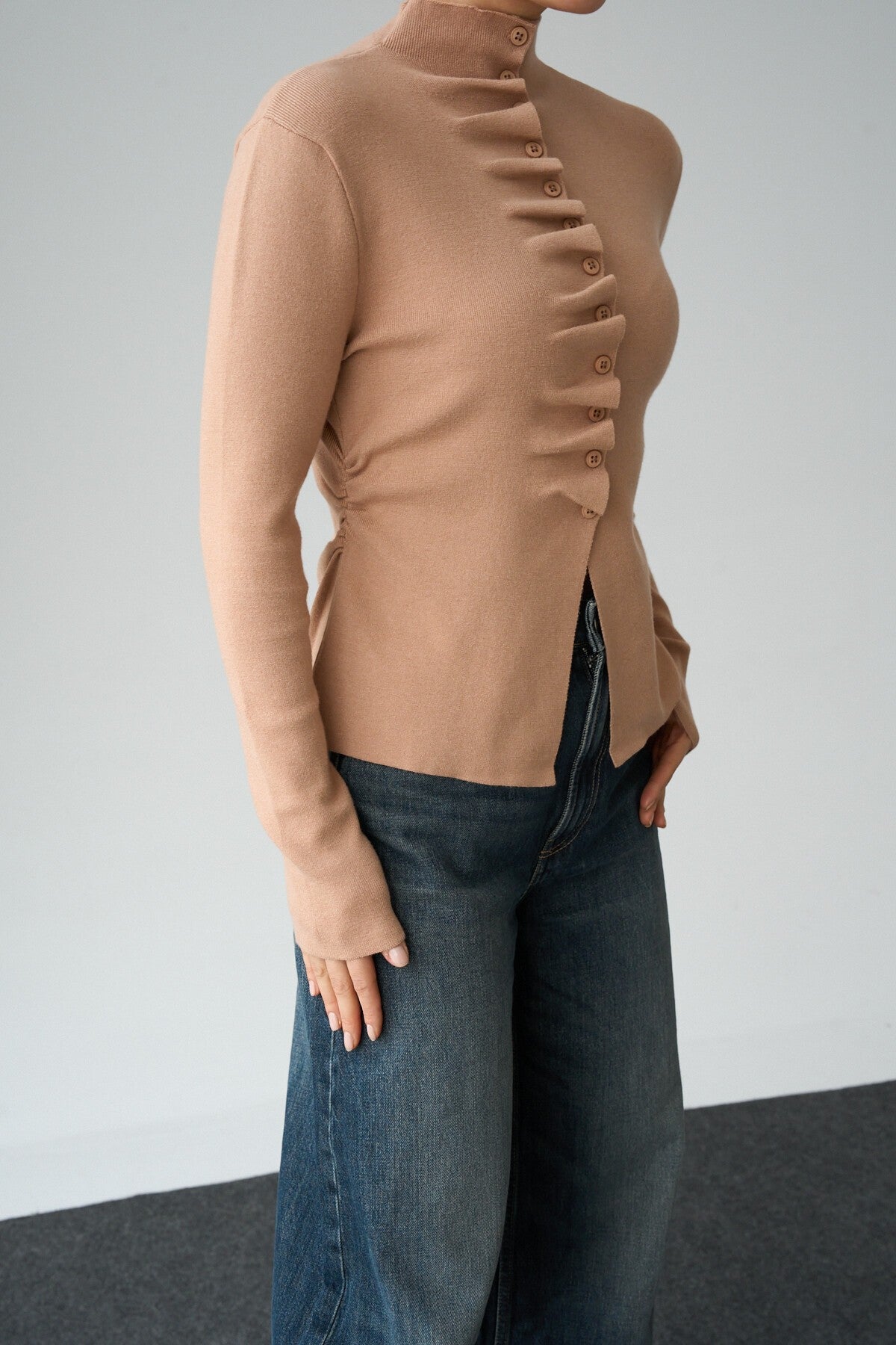 Camel Apricot Self-Shirred Cardigan