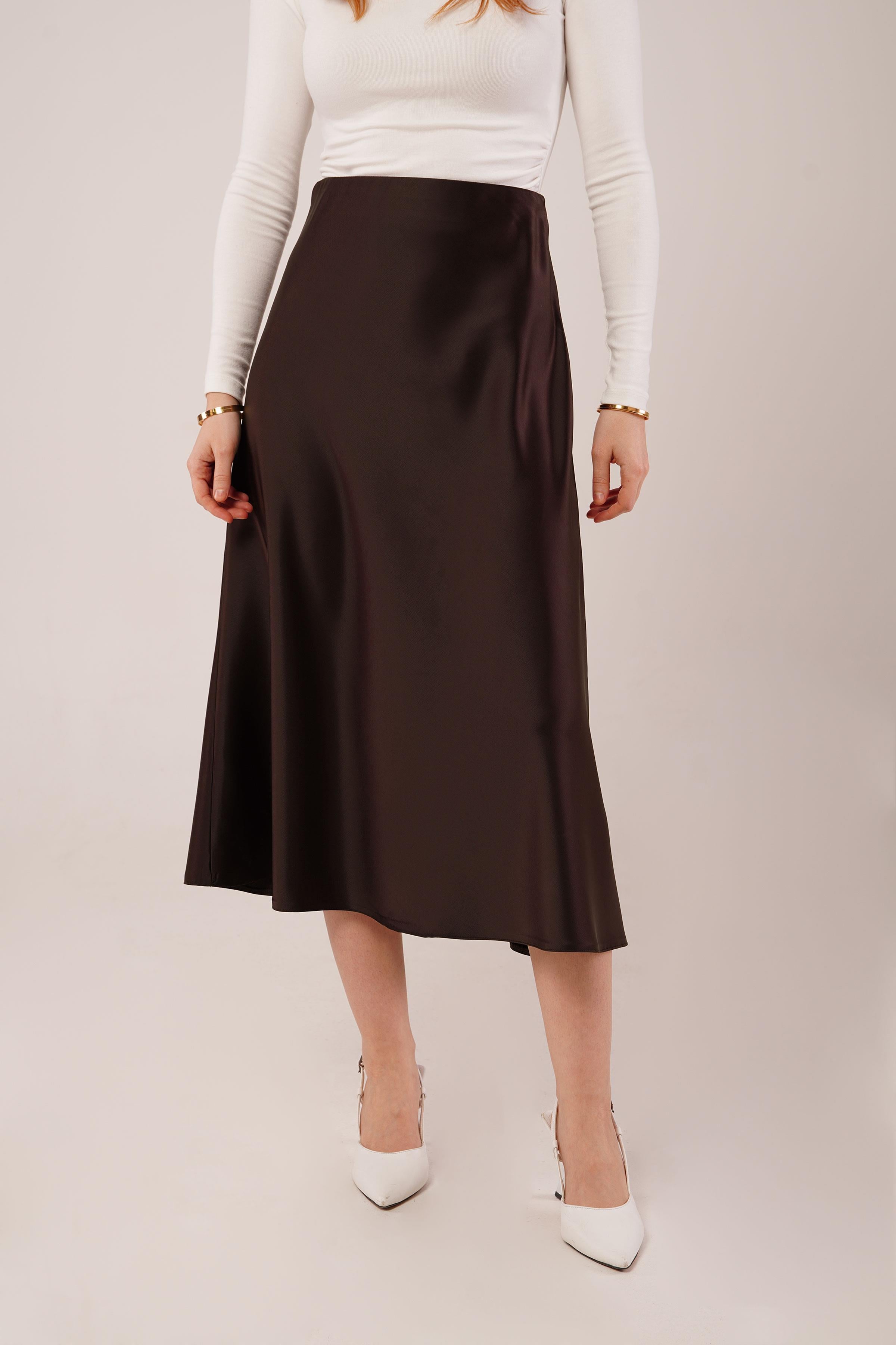 Çan Kesim Midi Kahverengi Toptan Saten Etek