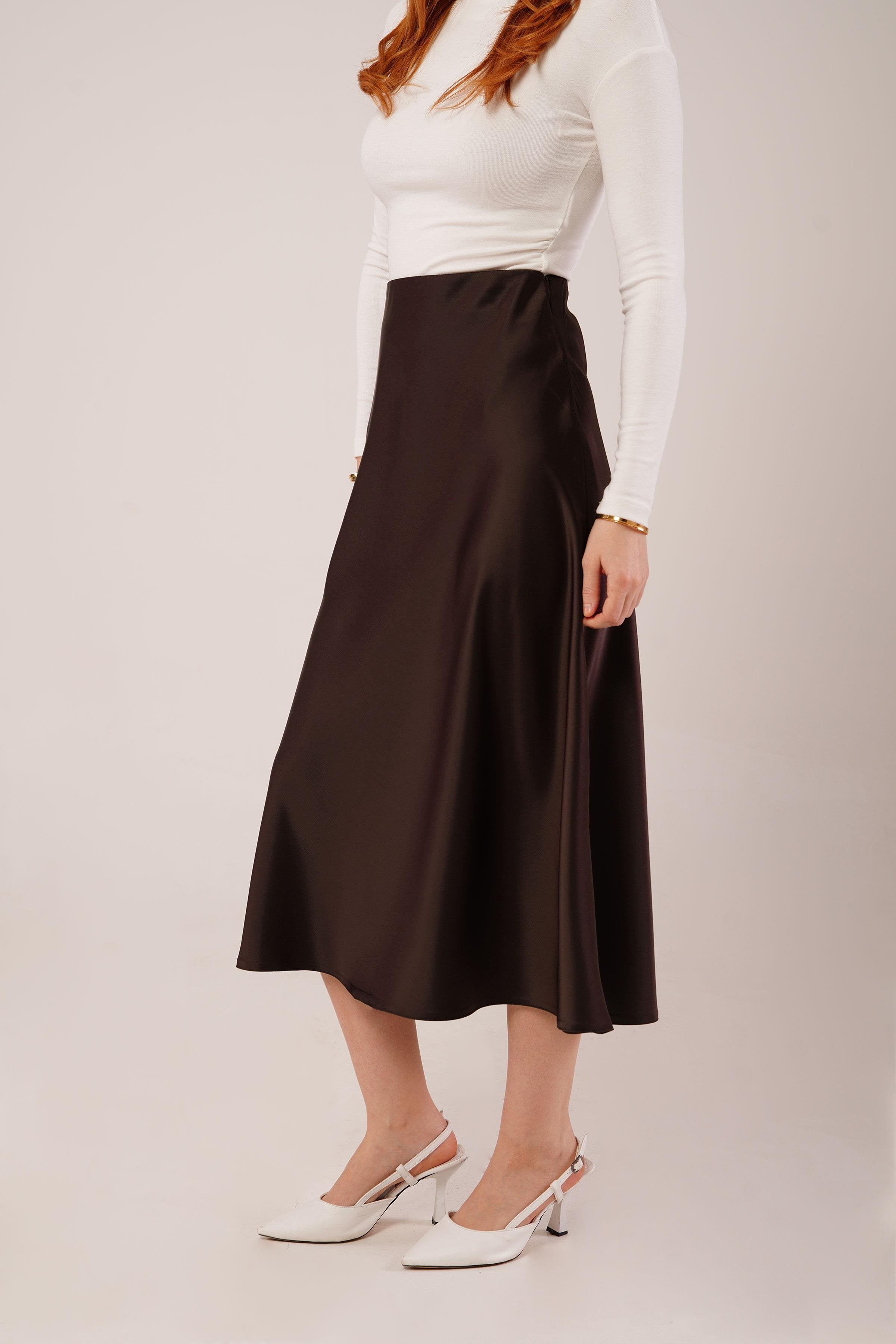 Çan Kesim Midi Kahverengi Toptan Saten Etek