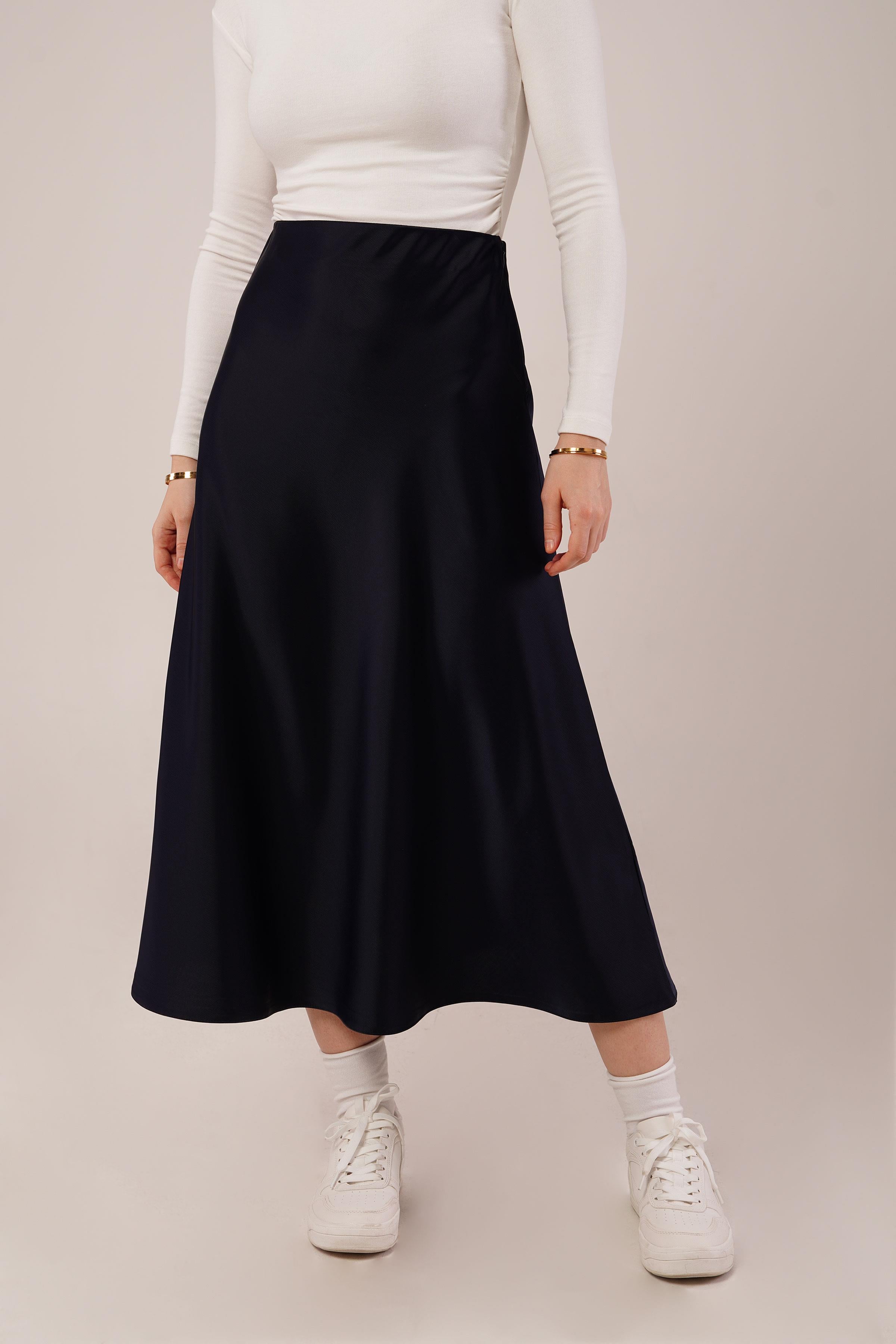 Çan Kesim Midi Lacivert Toptan Saten Etek