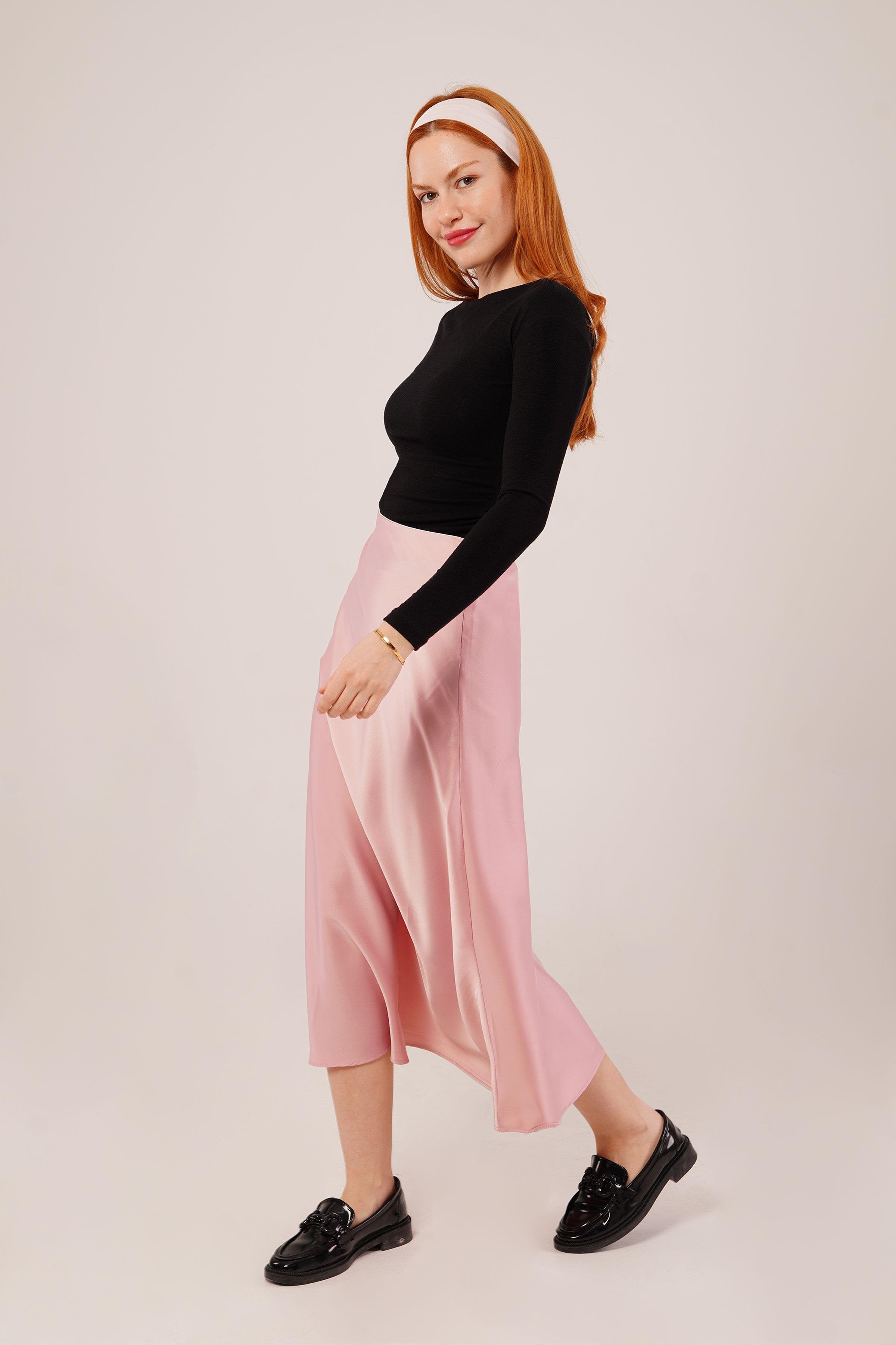 Çan Kesim Midi Pembe Toptan Saten Etek Pembe S