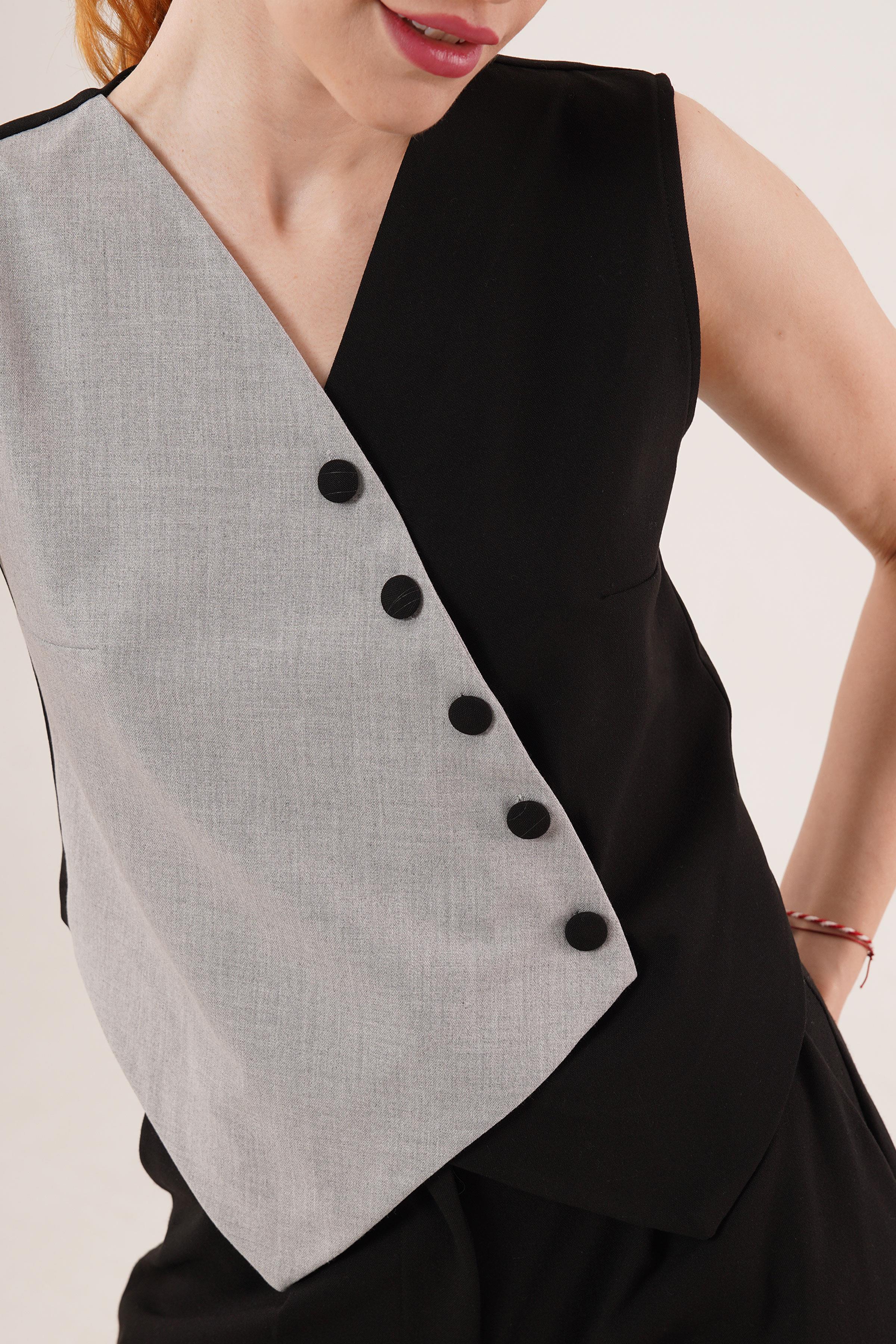 Çapraz Model Düğmeli Siyah Toptan Yelek