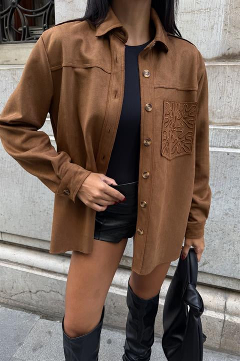 Cebi Nakış Detaylı Süet Gömlek 3484