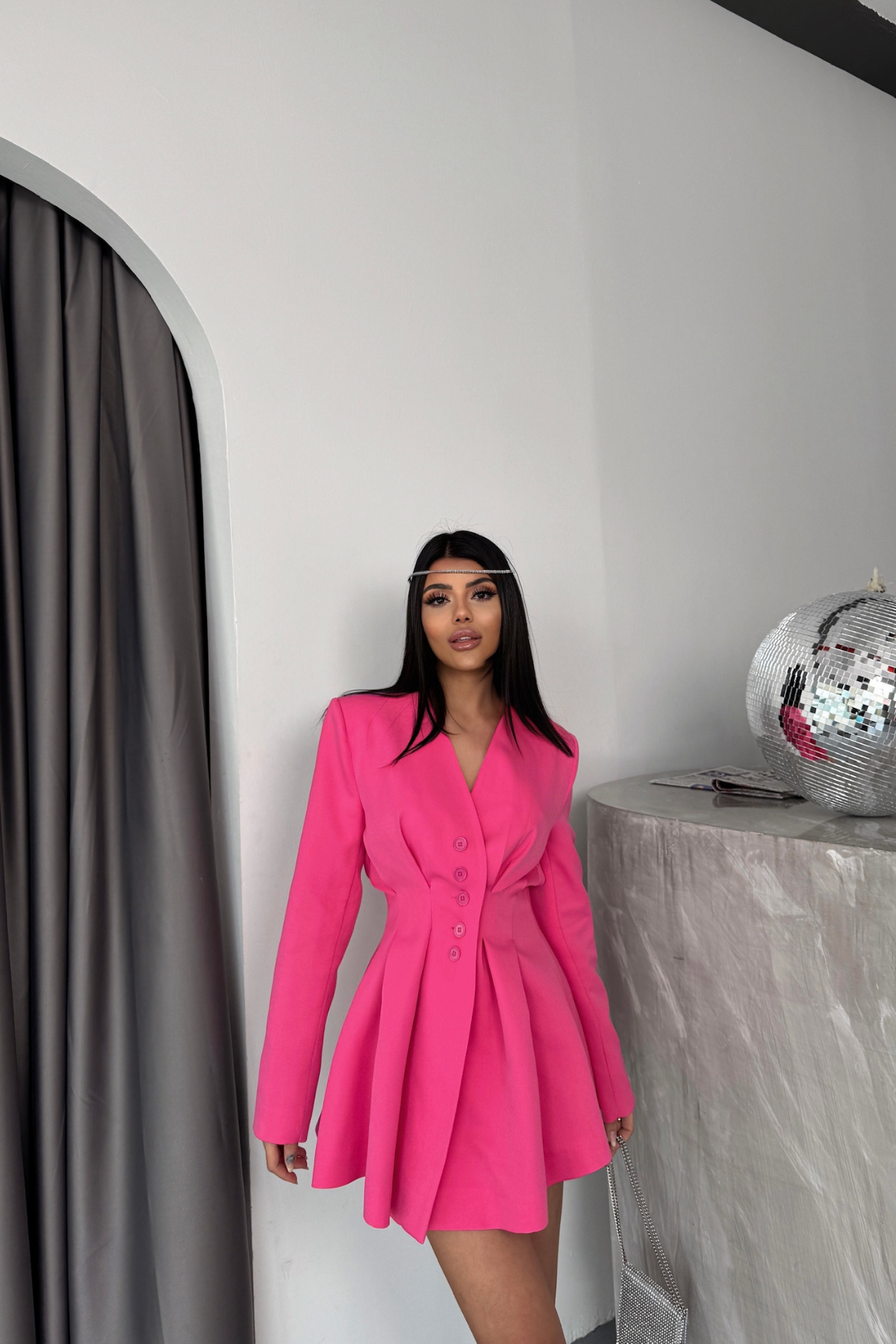 CEKET ELBİSE PENS DETAYLI - Pembe