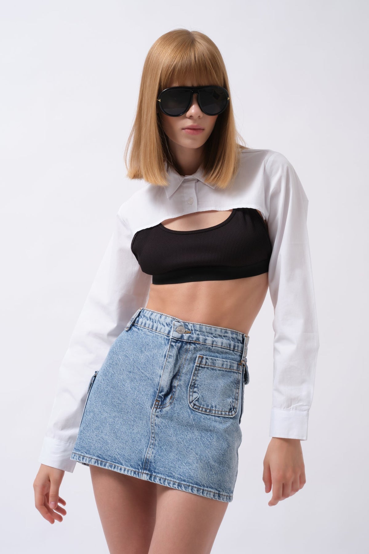 Cep Detay Denim Mini Etek - Mavi