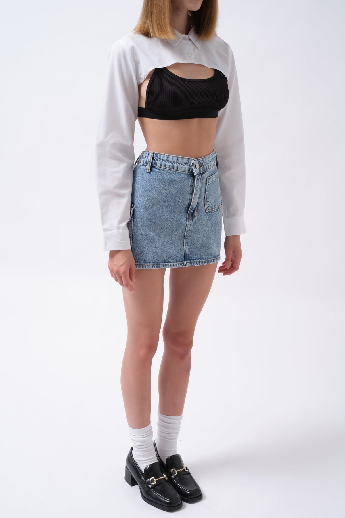Cep Detay Denim Mini Etek - Mavi