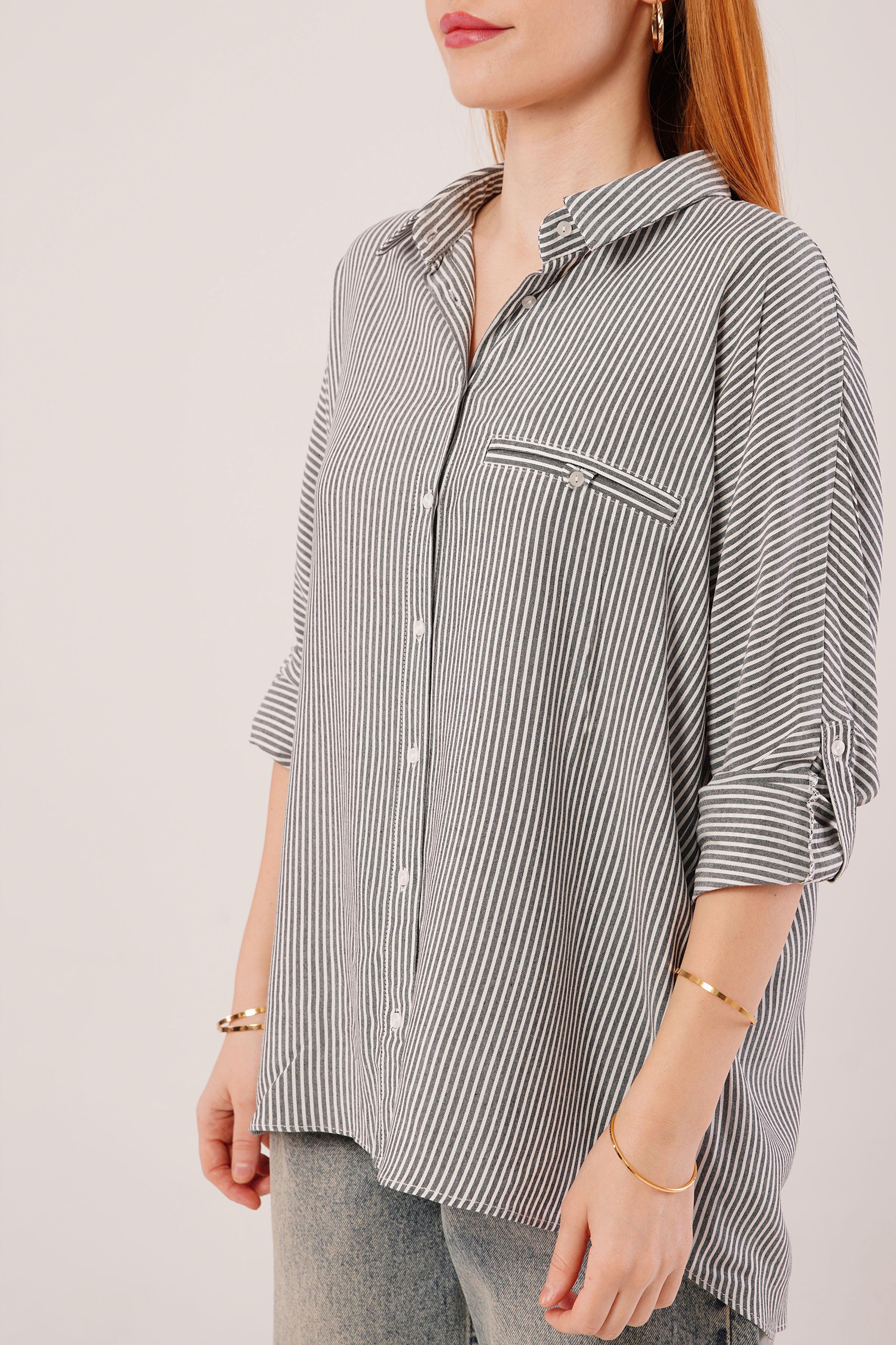 Cep Detay Gri Oversize Çizgili Toptan Gömlek