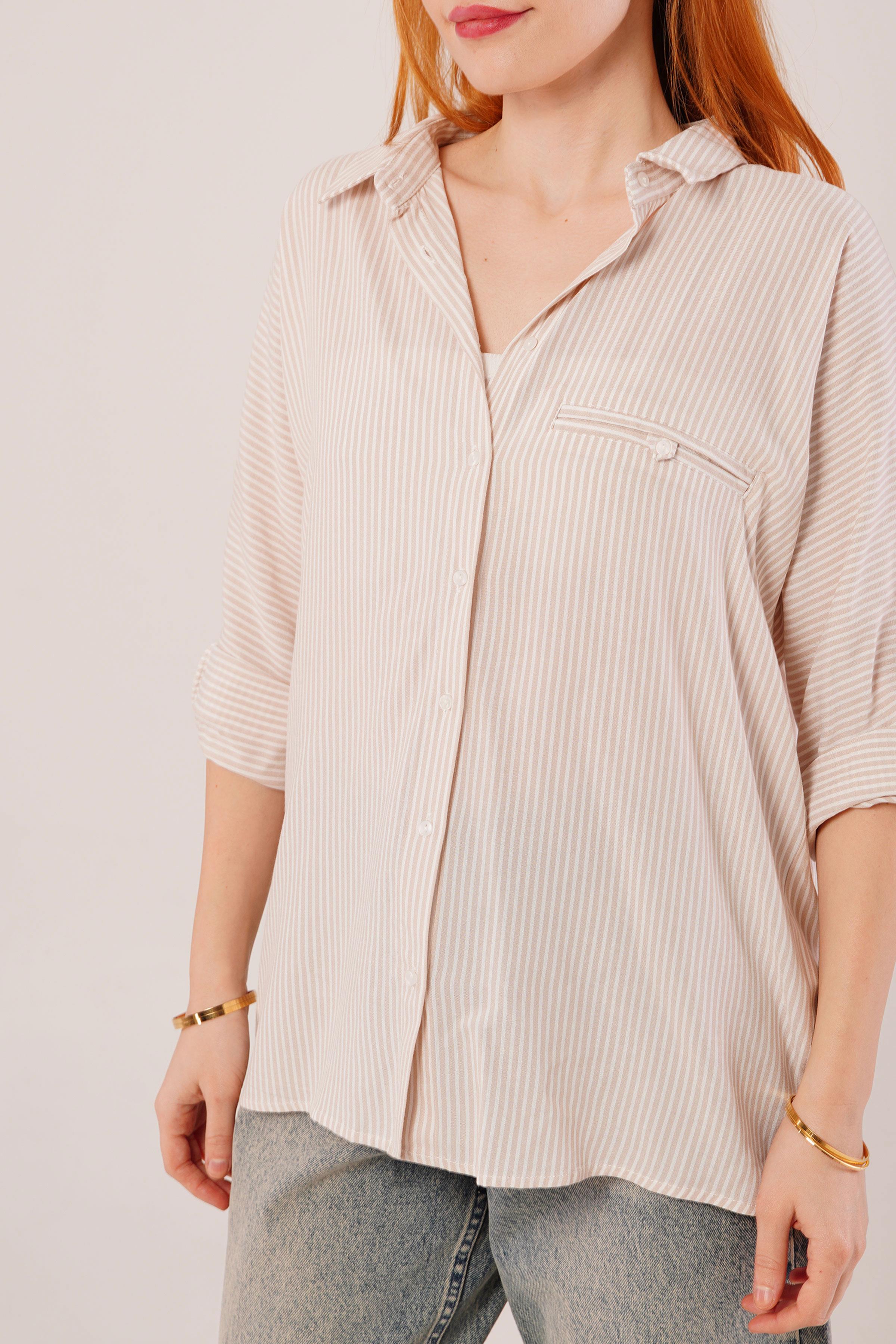 Cep Detay Krem Oversize Çizgili Toptan Gömlek