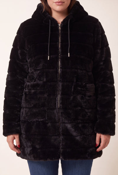 Cep Detaylı Büyük Beden Uzun Siyah Peluş Mont