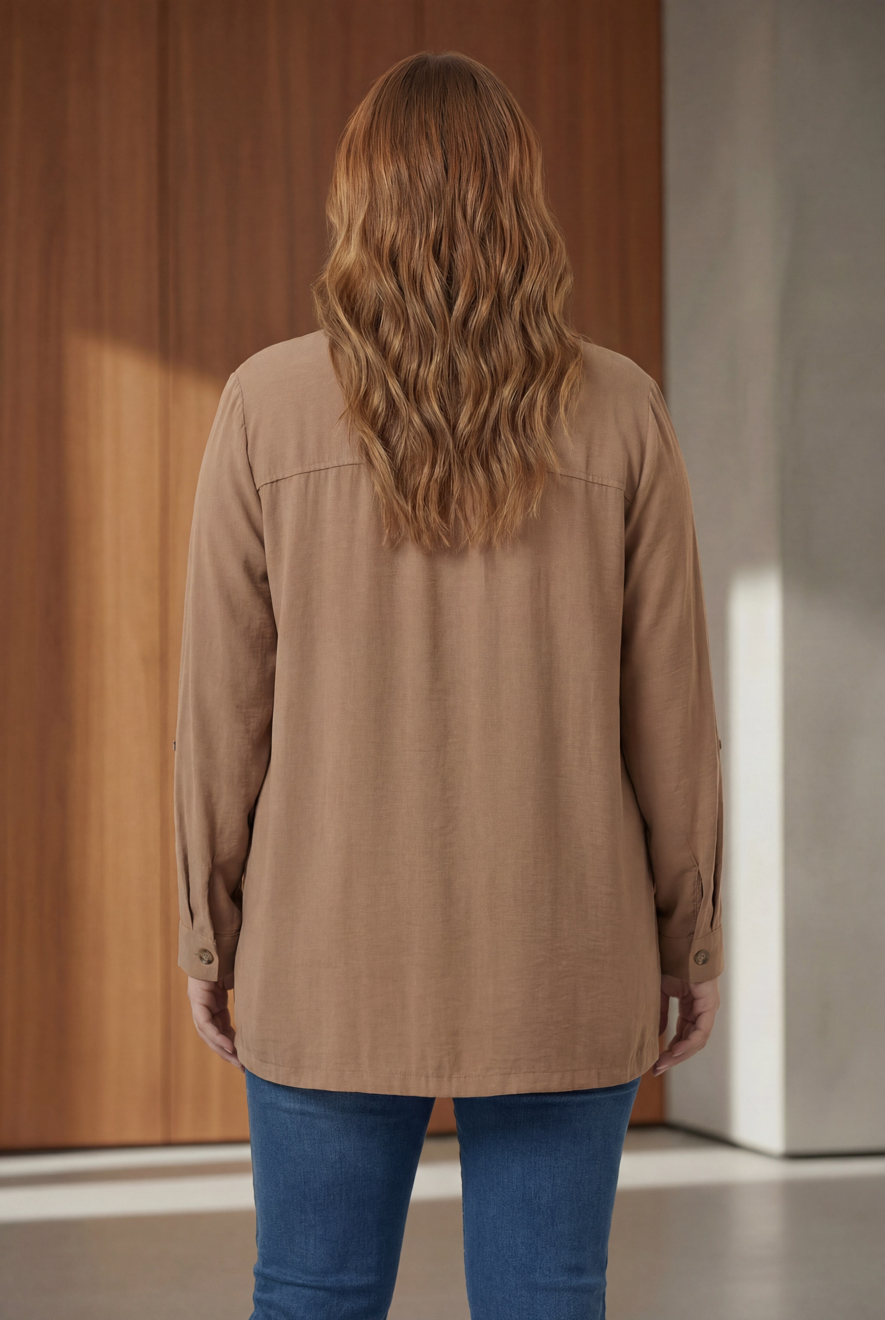 Cep Detaylı Kadın Büyük Beden Gömlek Camel