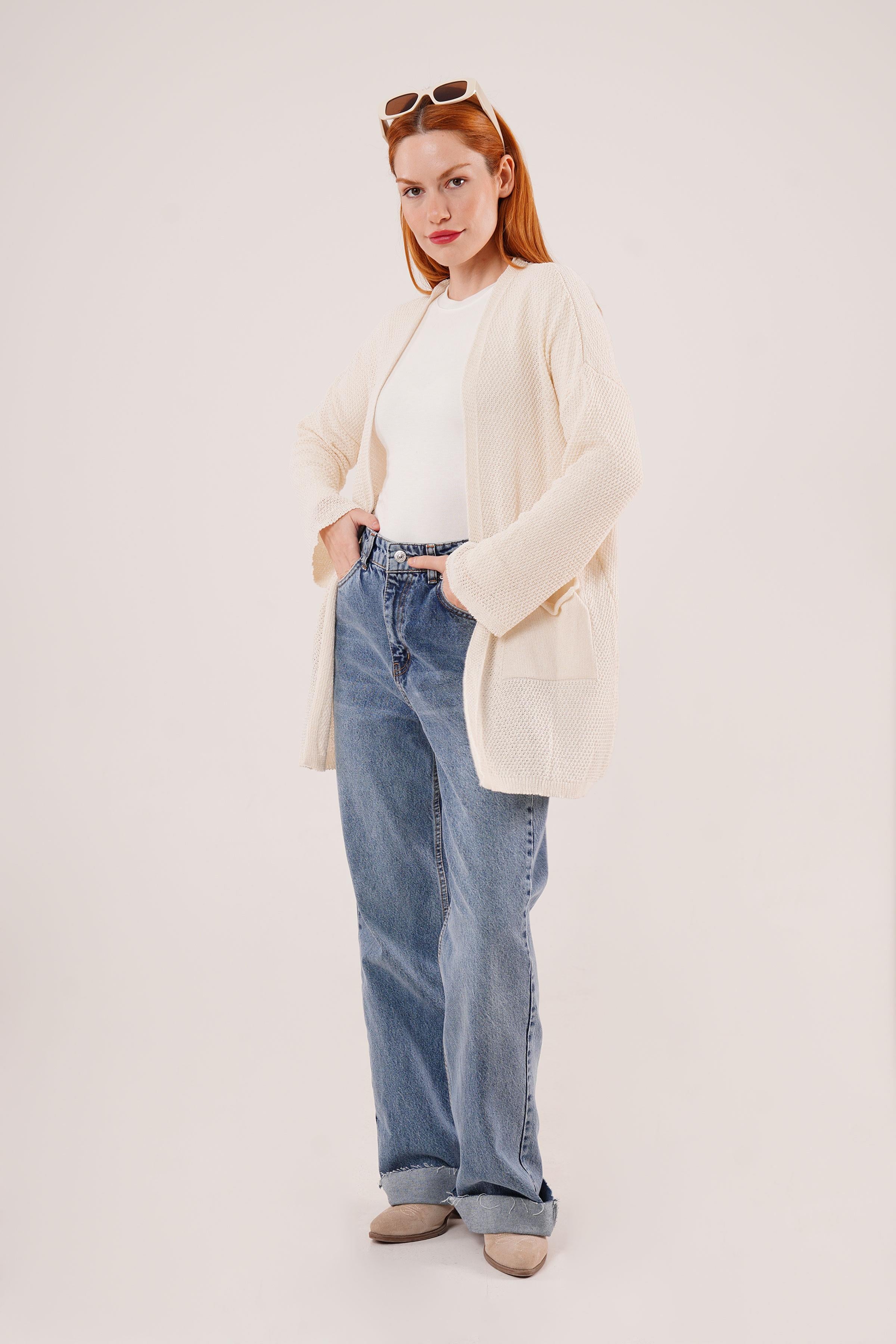 Cepli Salaş Model Triko Uzun Toptan Krem Hırka