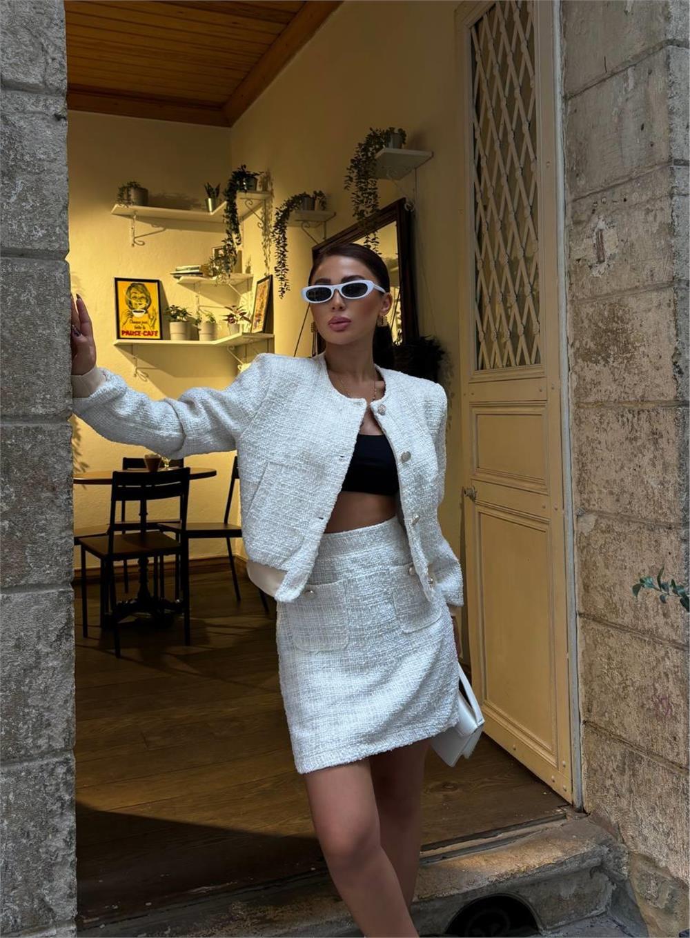 CHANEL CROP CEKET-KISA ETEK TAKIM - Beyaz