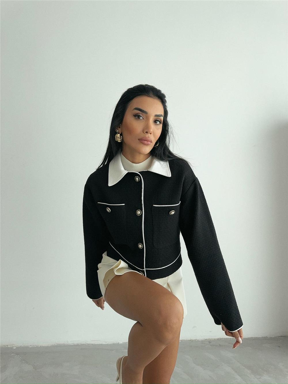 CHANEL KUMAŞ CROP CEKET DÜĞME DETAYLI - Siyah