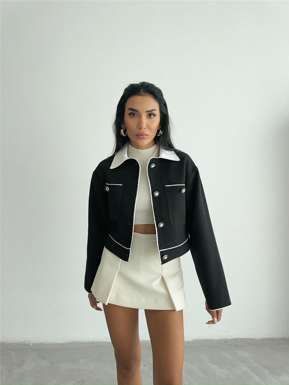 CHANEL KUMAŞ CROP CEKET DÜĞME DETAYLI - Siyah