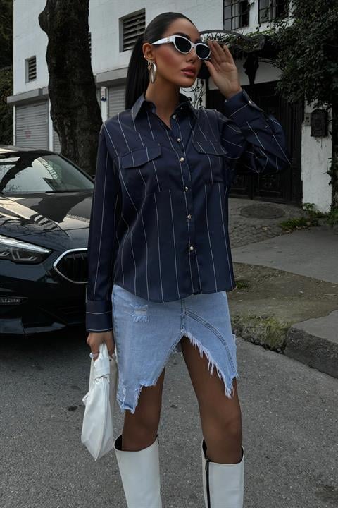 Chanel Saten Premium Çizgili Gömlek 3411 LACİVERT L
