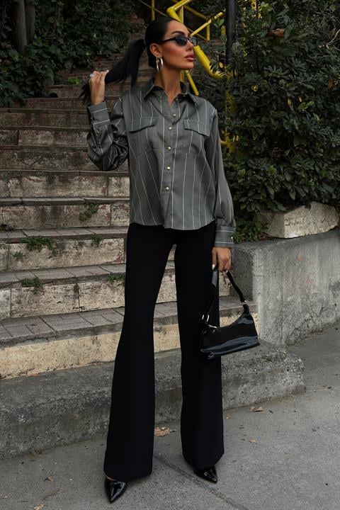 Chanel Saten Premium Çizgili Gömlek 3411 HAKİ L