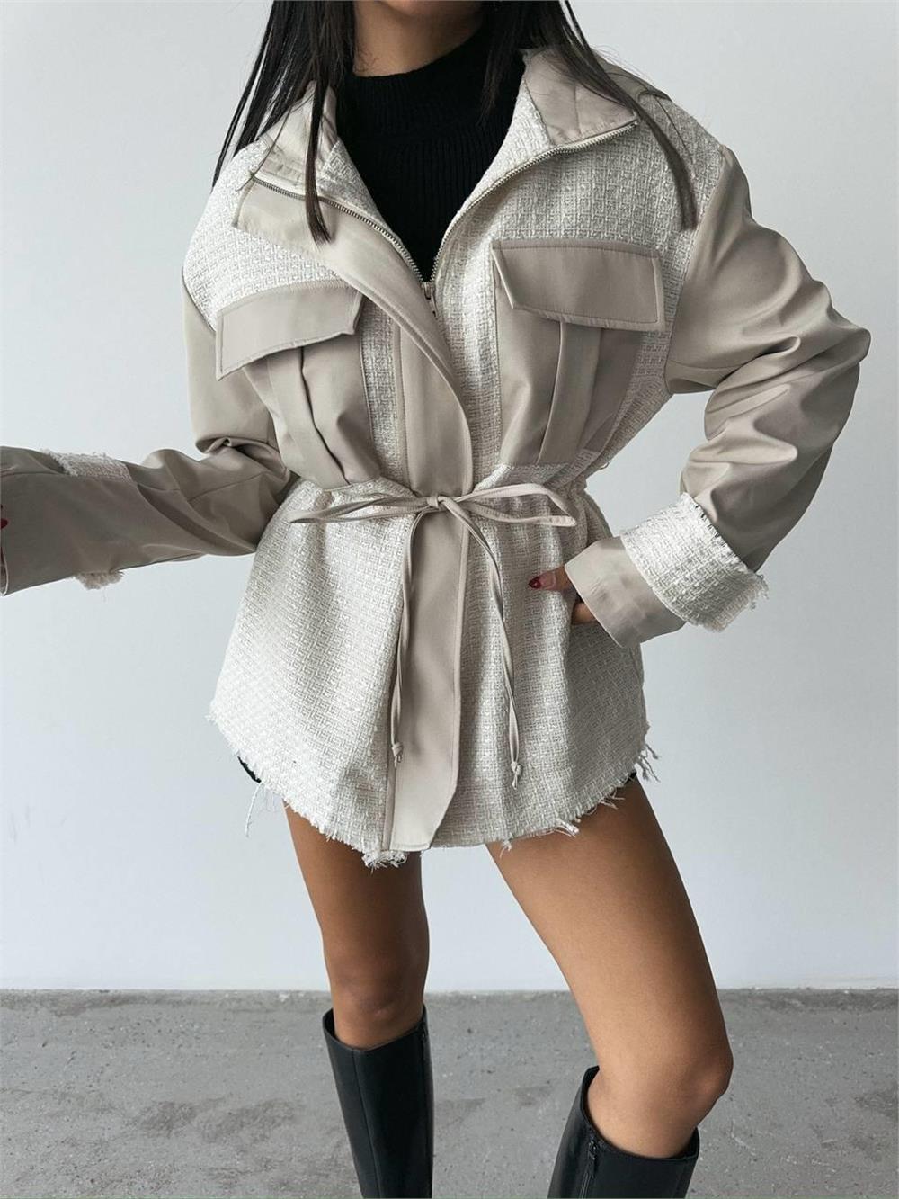 CHANEL -TRENCH  GARNİLİ KAPİŞONLU BELDEN BÜZGÜLÜ MONT - Taş