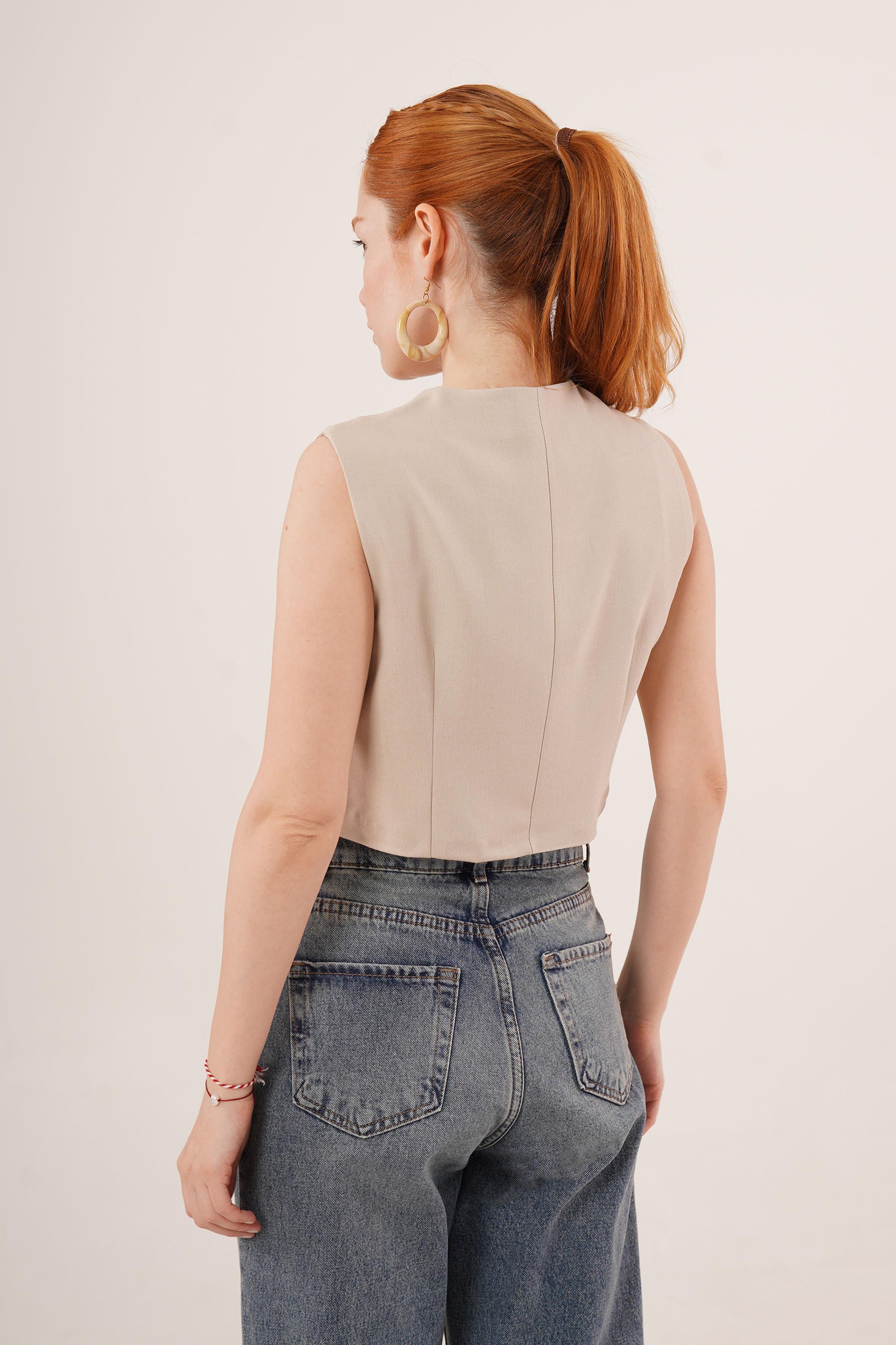 Çift Düğmeli Çapraz Model Bej Toptan Yelek