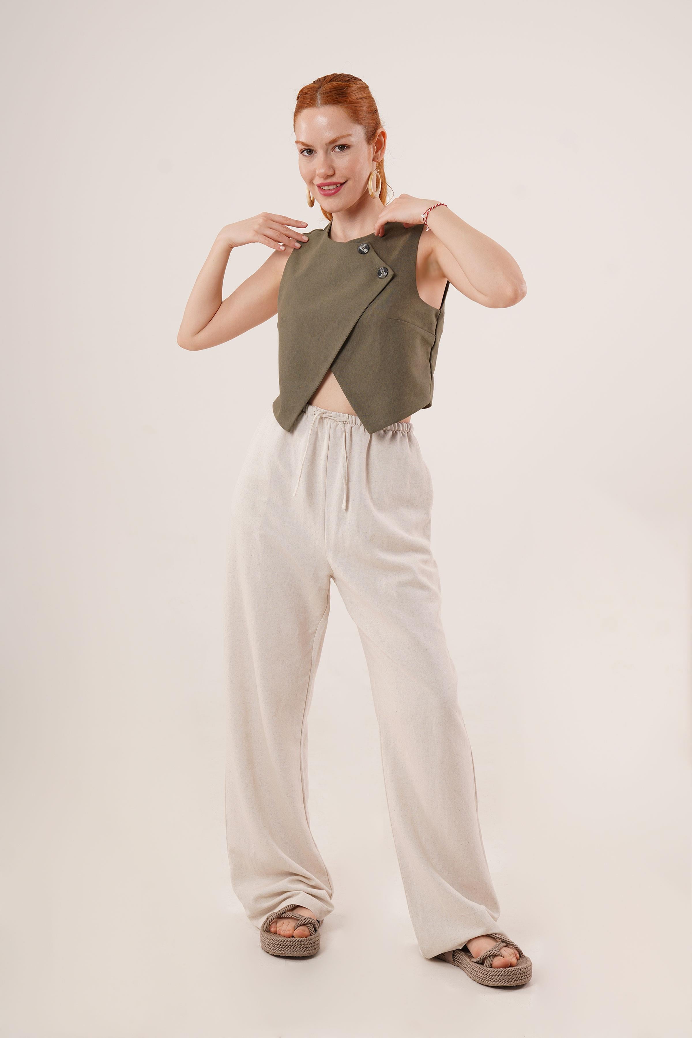 Çift Düğmeli Çapraz Model Haki Toptan Yelek