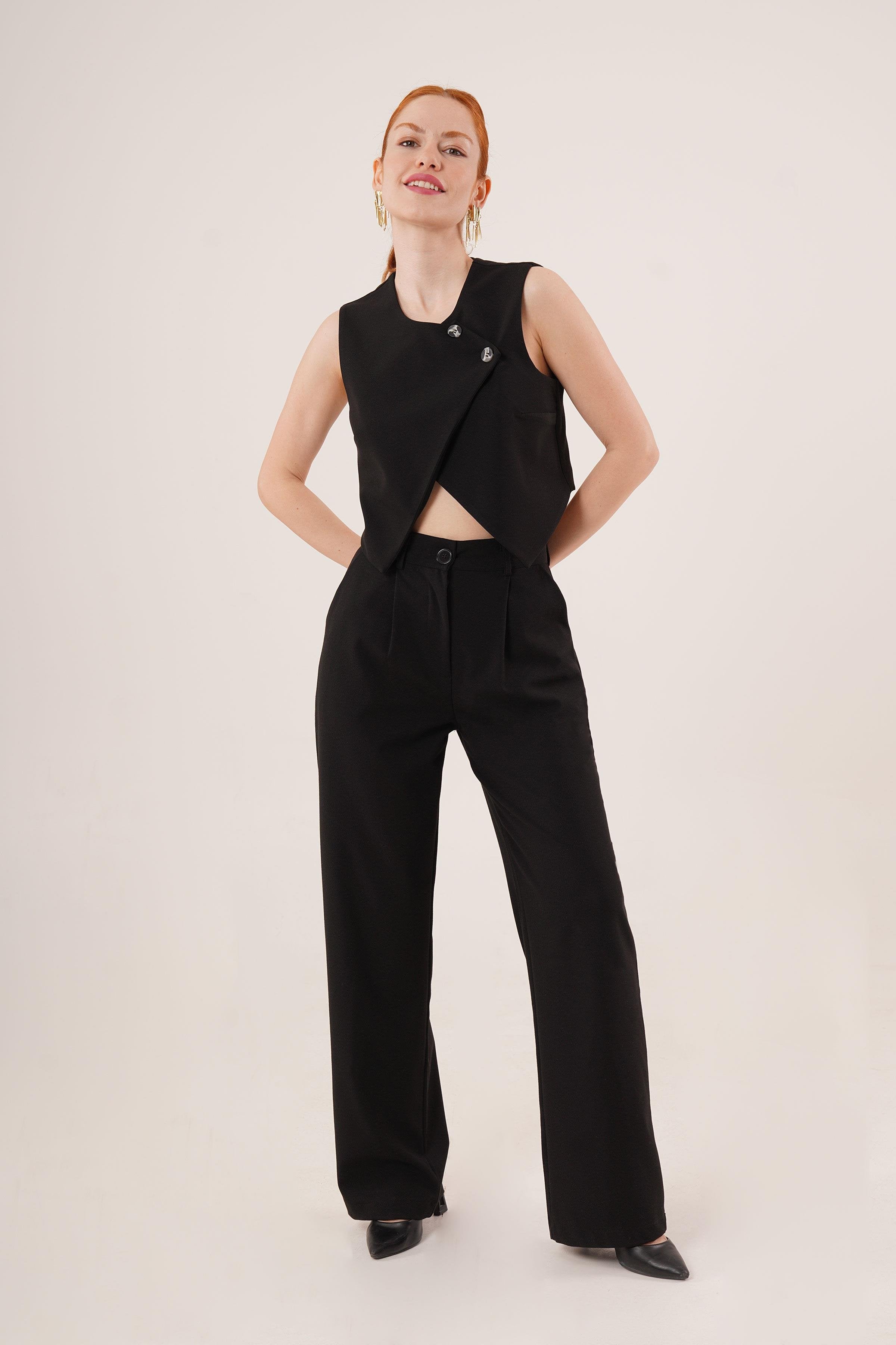 Çift Düğmeli Çapraz Model Siyah Toptan Yelek