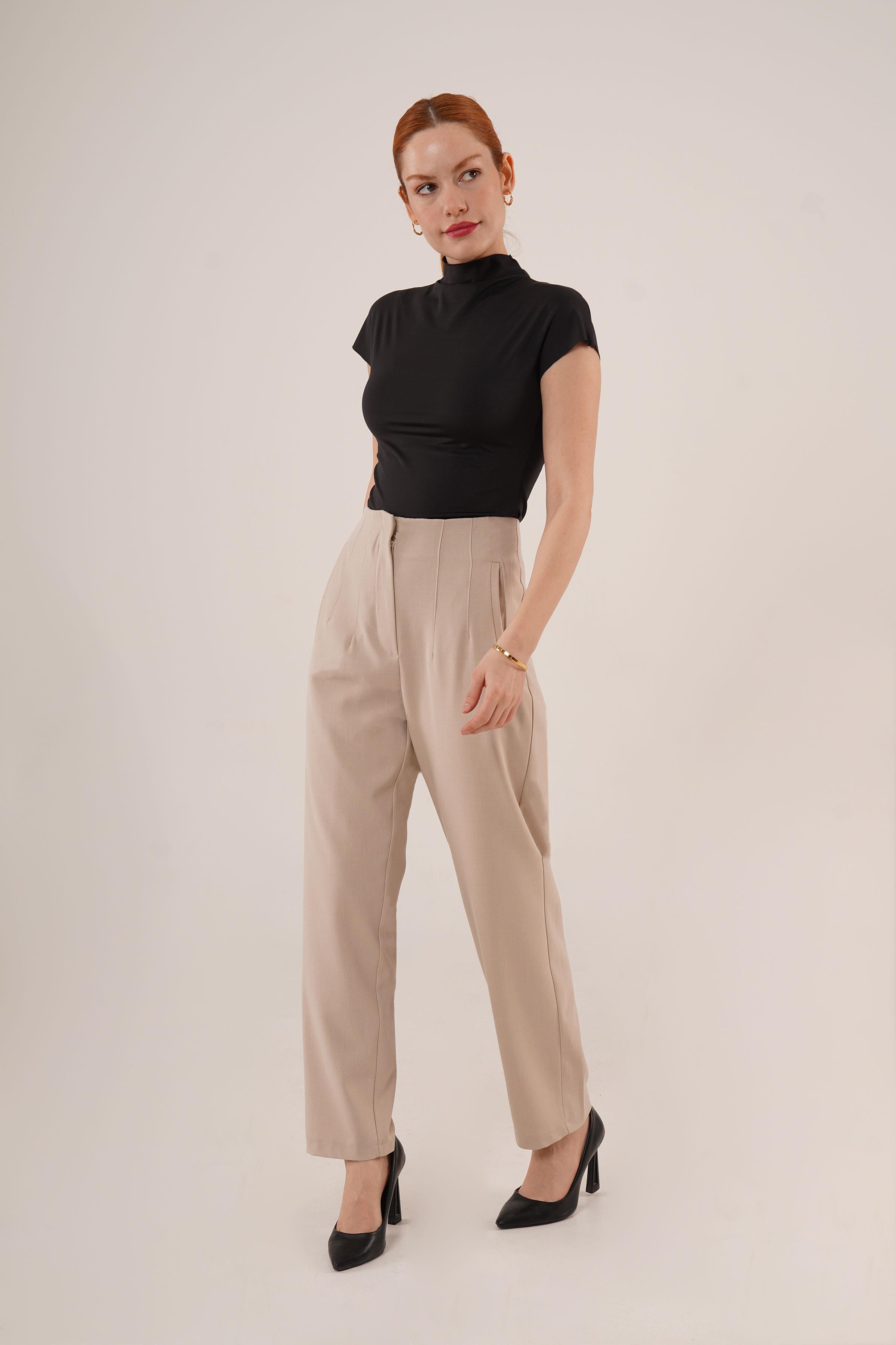 Çift Pens Detaylı Toptan Krem Pantolon