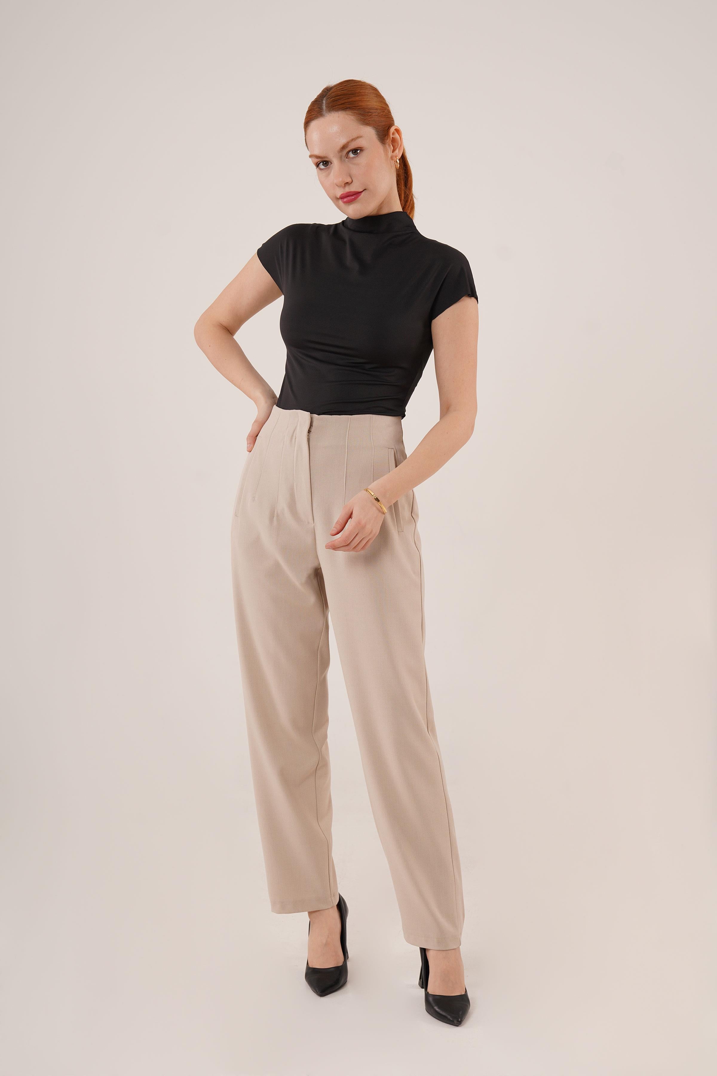 Çift Pens Detaylı Toptan Krem Pantolon