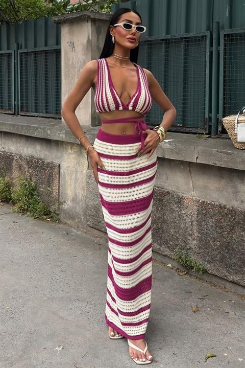 Çizgili Bikini Üst Ve Etek Triko Takım 10110