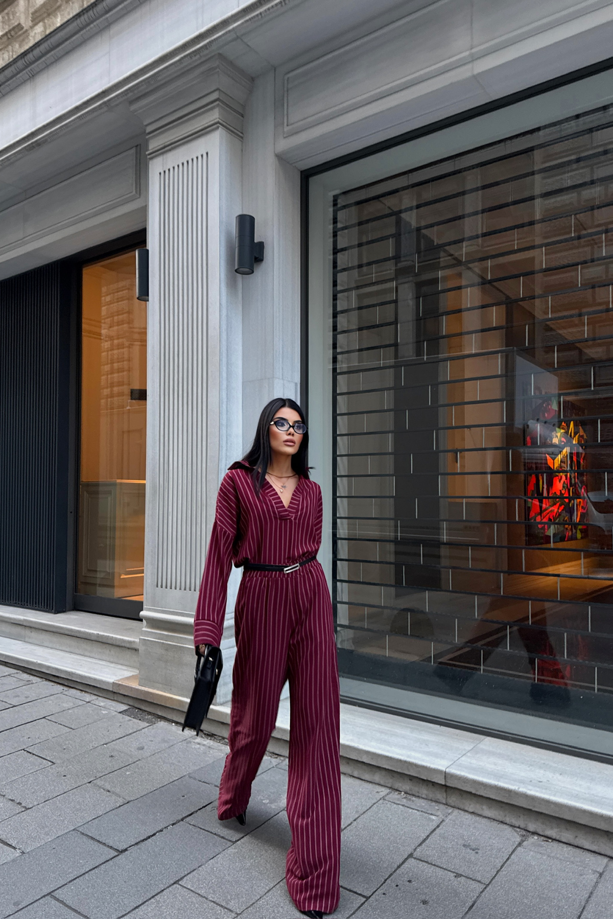 ÇİZGİLİ BLUZ  - PANTOLON TAKIM - Bordo