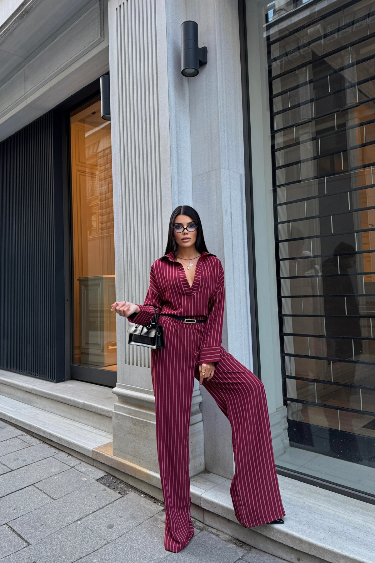 ÇİZGİLİ BLUZ  - PANTOLON TAKIM - Bordo