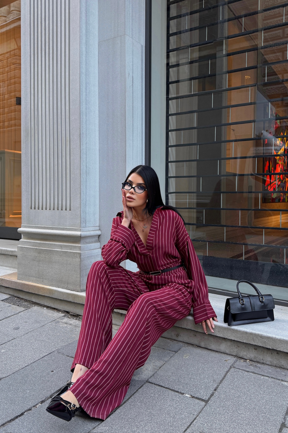 ÇİZGİLİ BLUZ  - PANTOLON TAKIM - Bordo