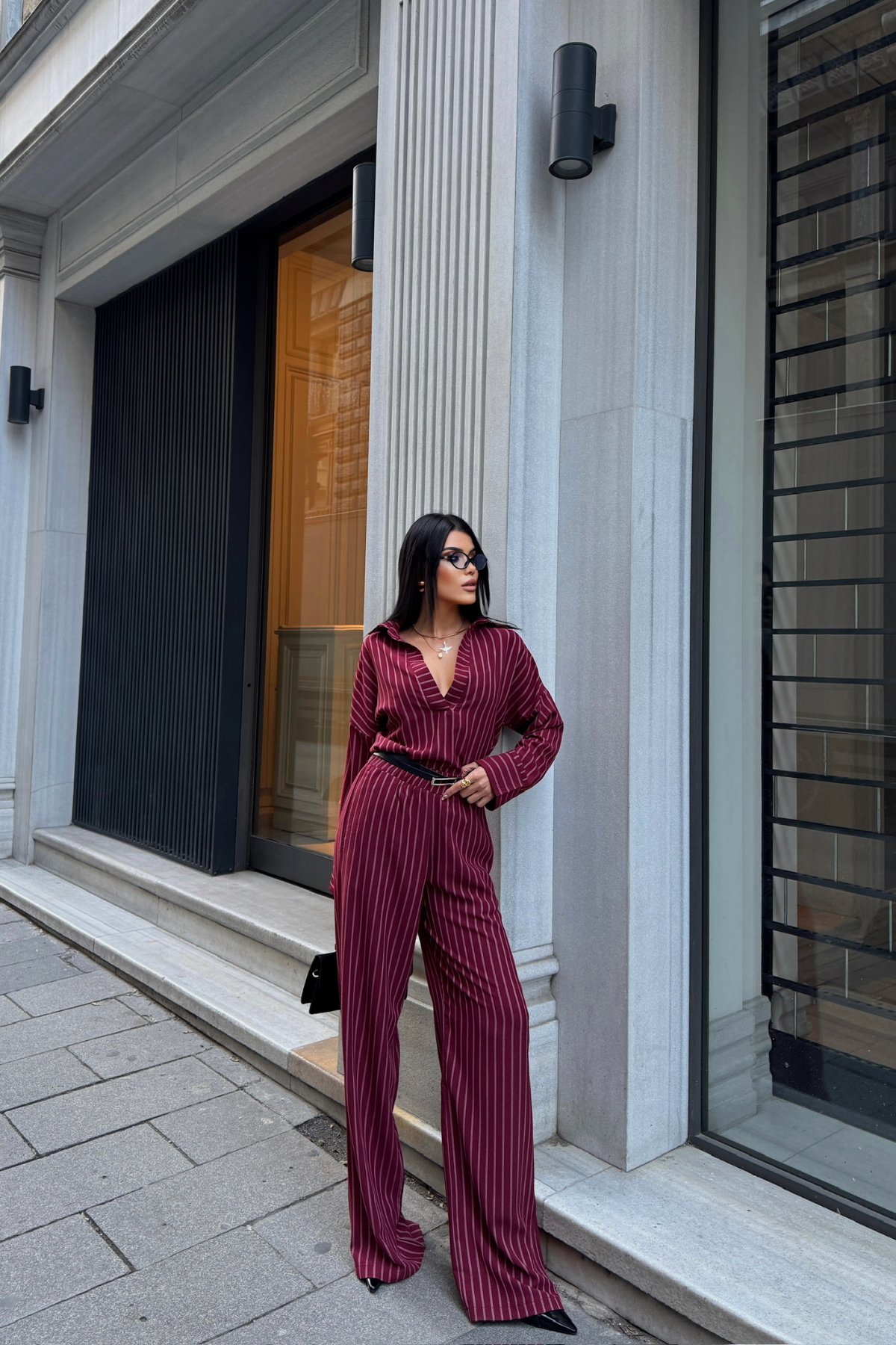 ÇİZGİLİ BLUZ  - PANTOLON TAKIM - Bordo