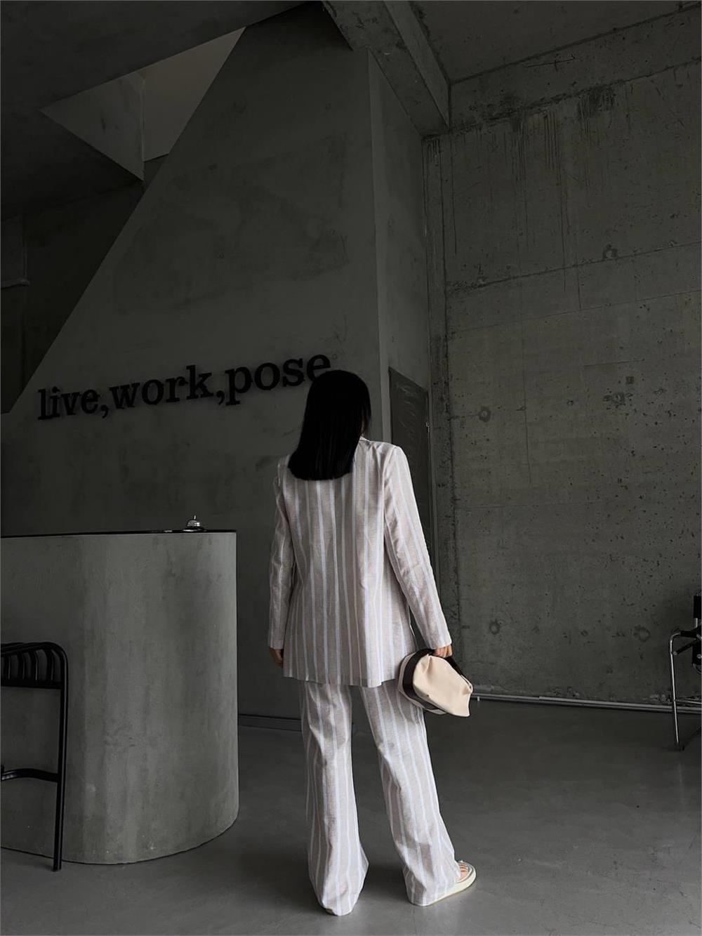 ÇİZGİLİ CEKET KETEN - Bej