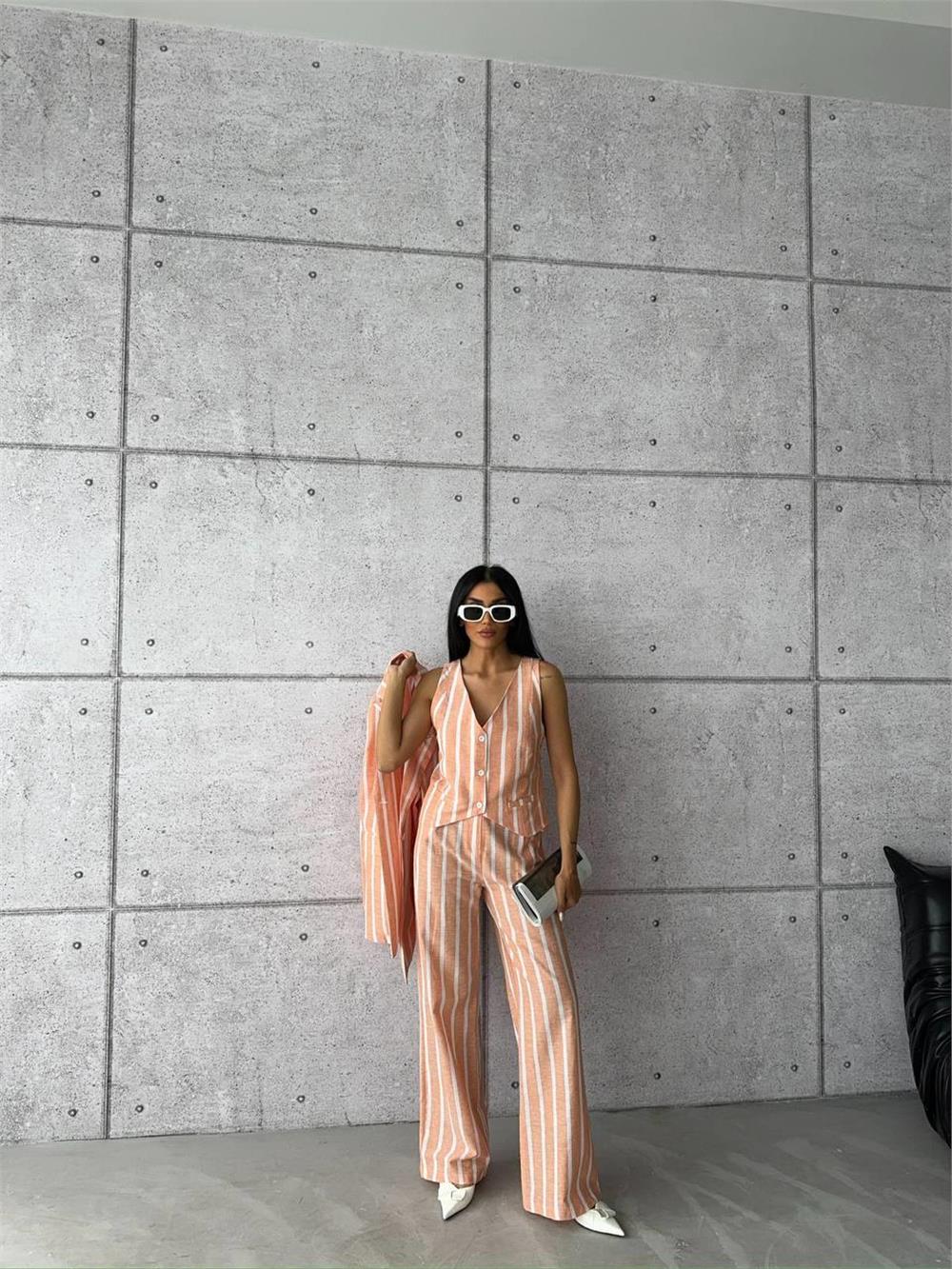 ÇİZGİLİ CEKET KETEN - Orange