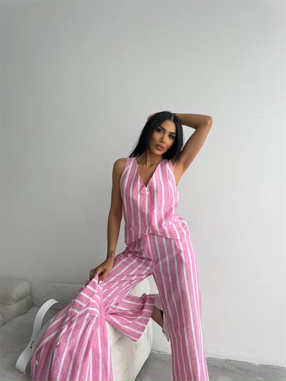 ÇİZGİLİ CEKET KETEN - Pembe