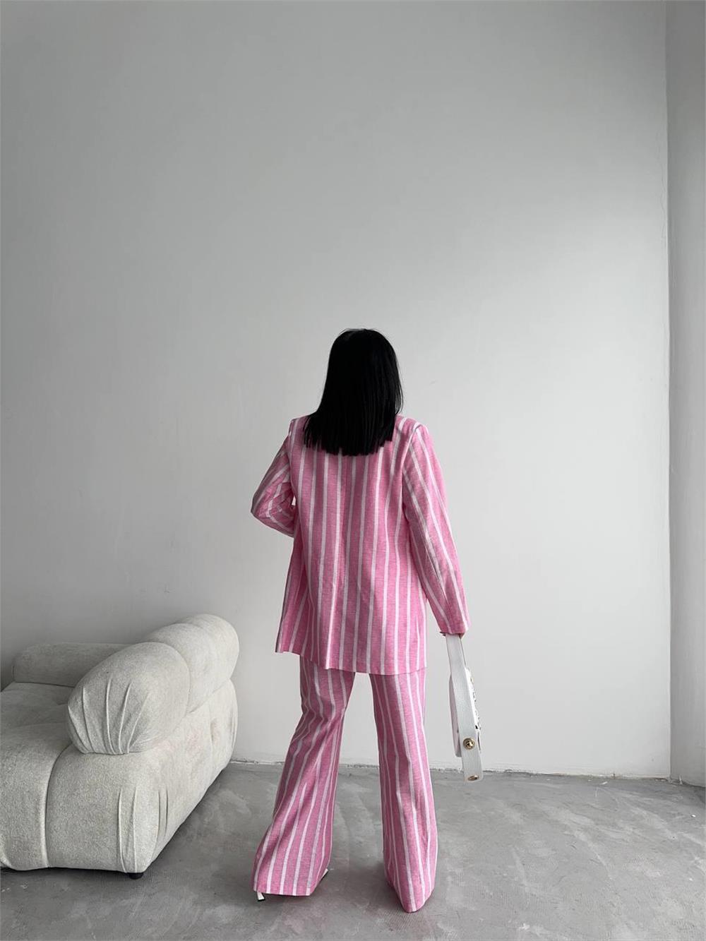 ÇİZGİLİ CEKET KETEN - Pembe